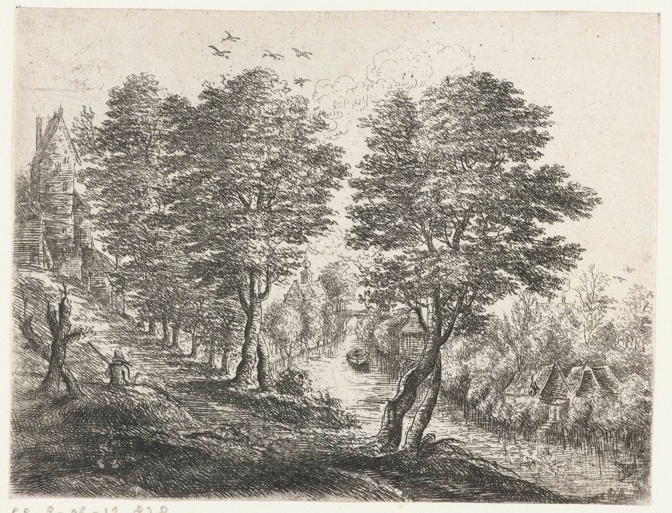 Etching of a seated farmer in a landscape by Philips Augustijn Immenraet