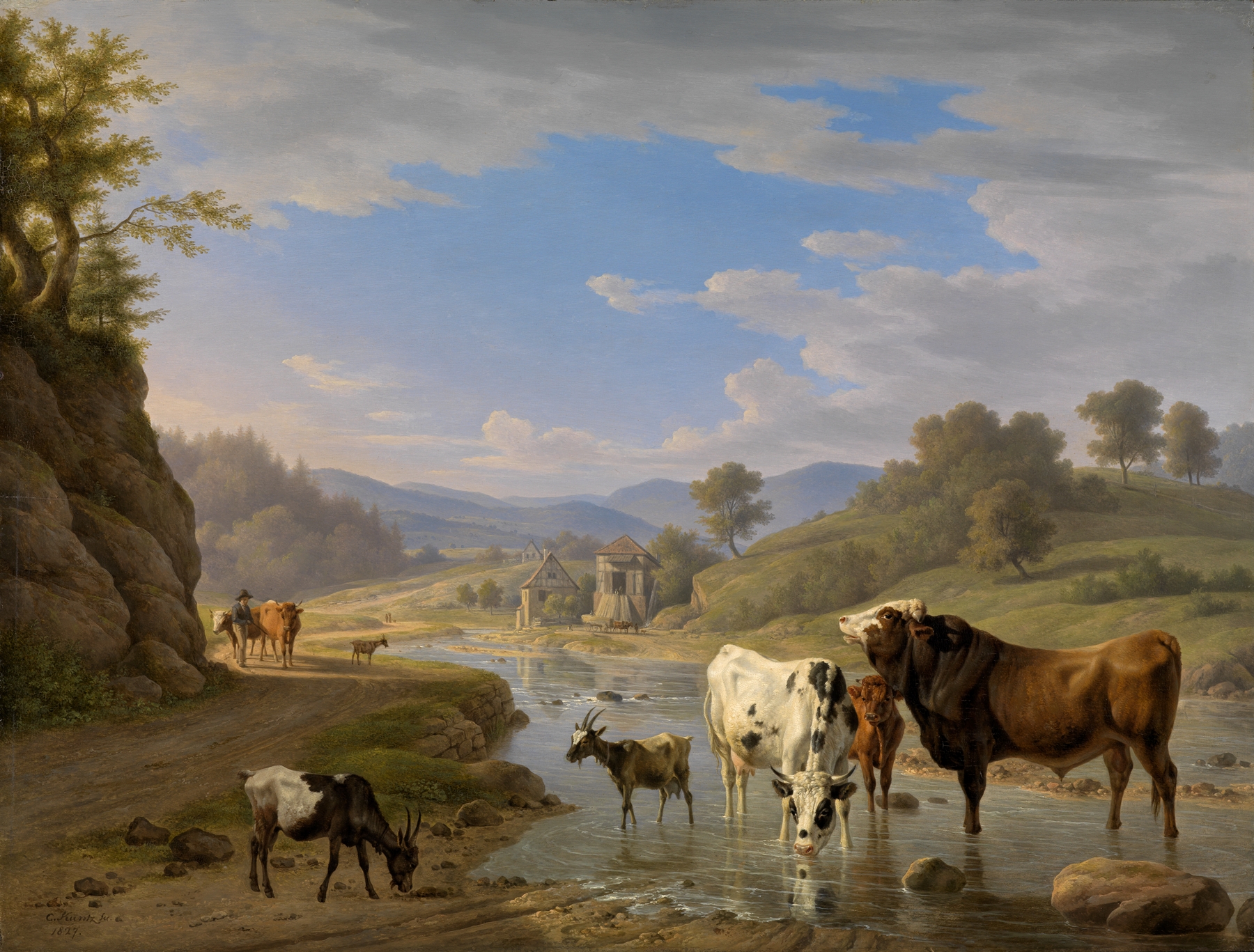 Landscape oil painting by Carl Kuntz depicting a village and hills