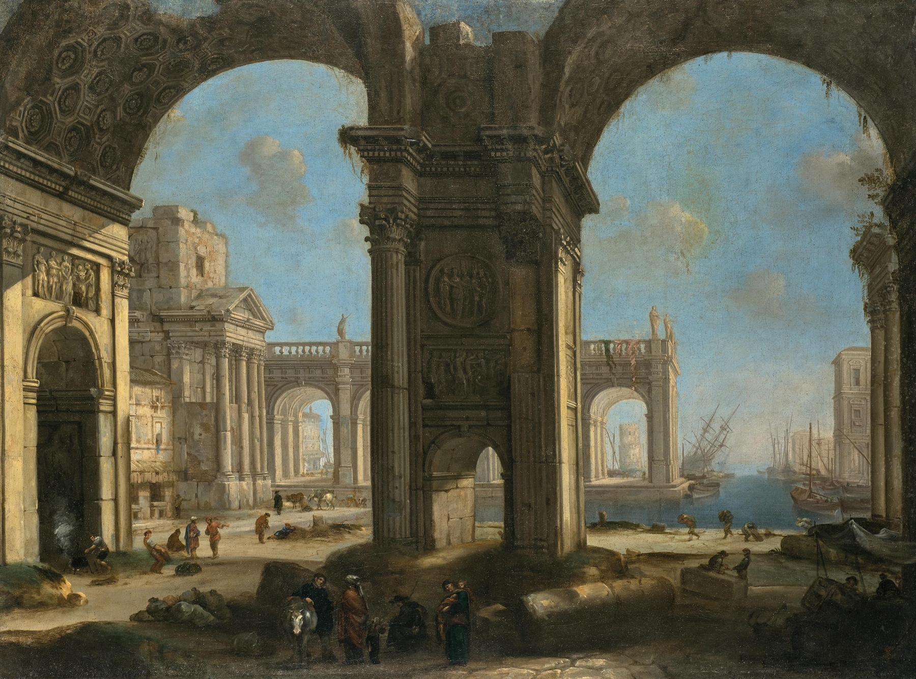 Architectural capriccio with a harbour by Alessandro Salucci, Rococo style, depicting a grand structure by water