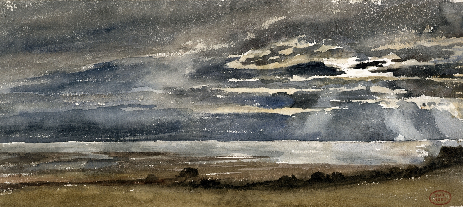 Soleil couchant by Paul Huet, oil on canvas depicting a sunset with vibrant clouds.