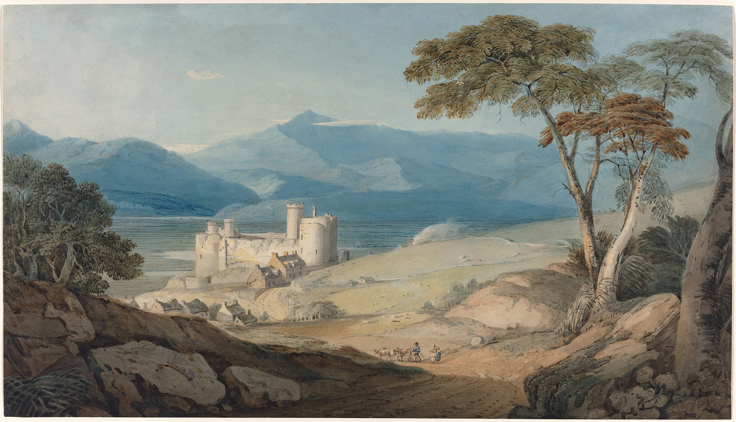 Harlech Castle and Snowdon, by John Varley, public domain