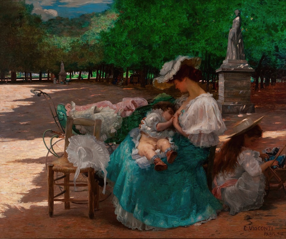 A painting titled 'Maternity' by Eliseu Visconti depicting a mother and child.