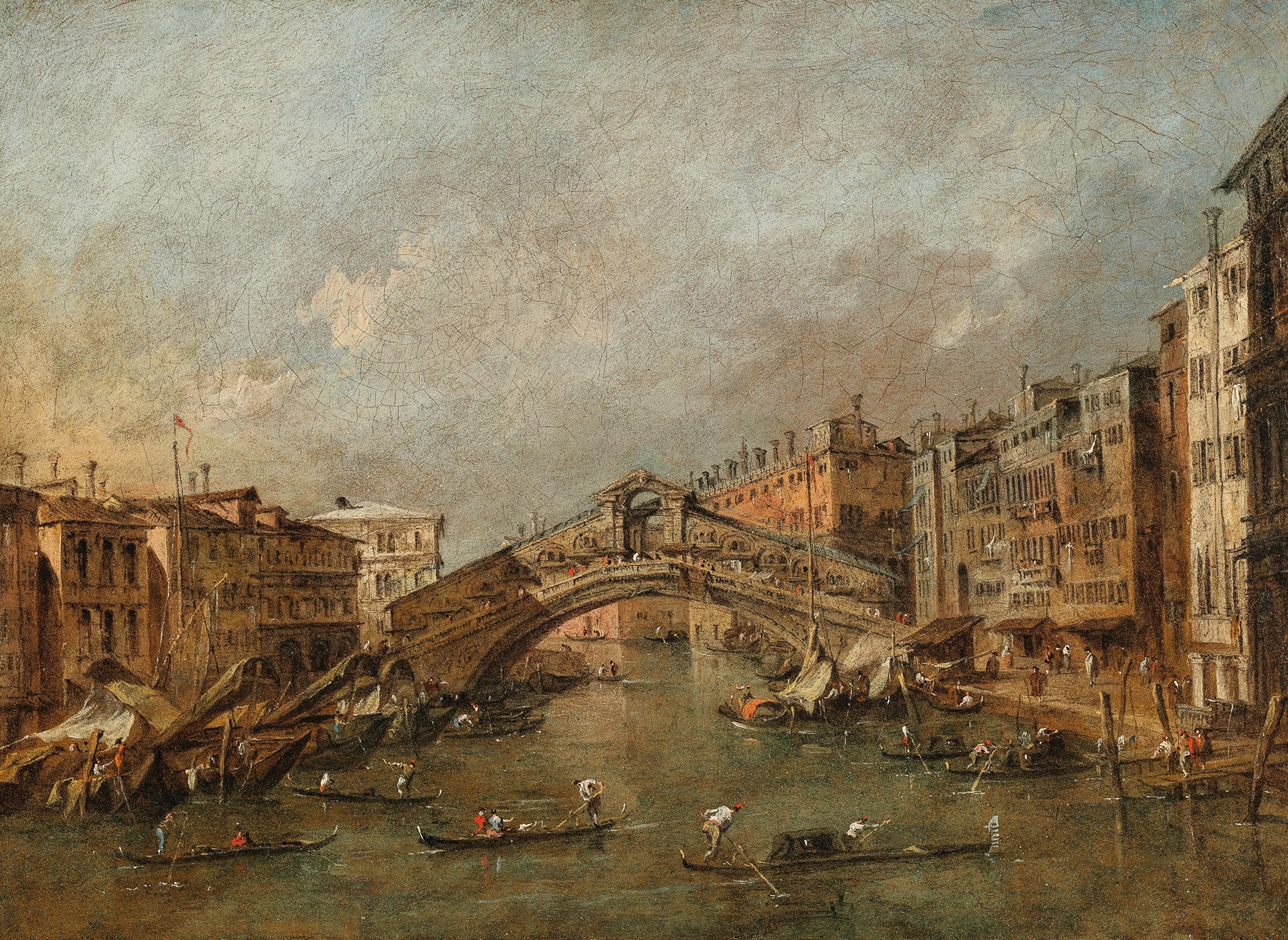 Rococo oil painting by Francesco Guardi depicting the Rialto Bridge in Venice at sunset