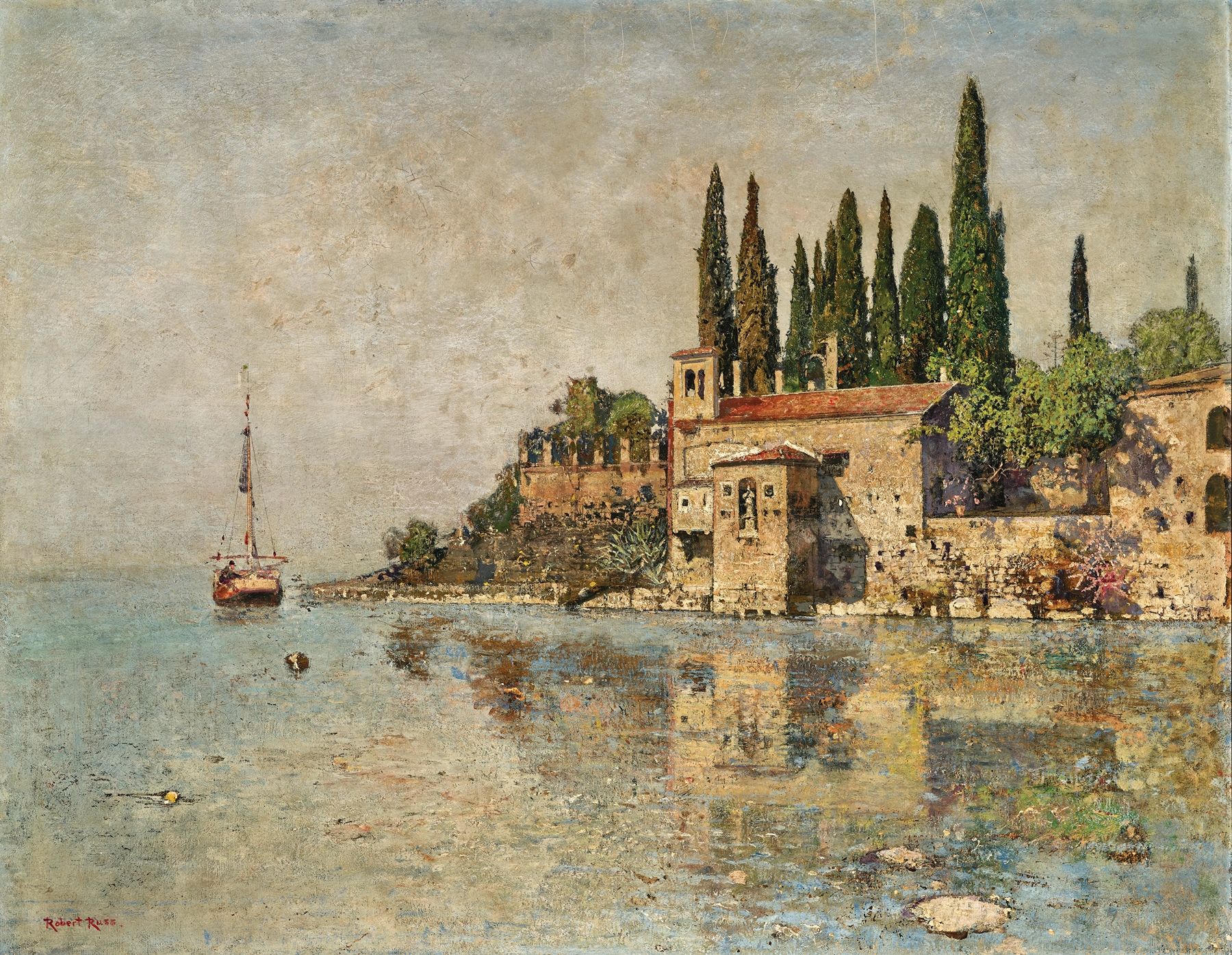 Punta San Vigilio, Lago di Garda by Robert Russ, oil painting depicting a tranquil lake at twilight.