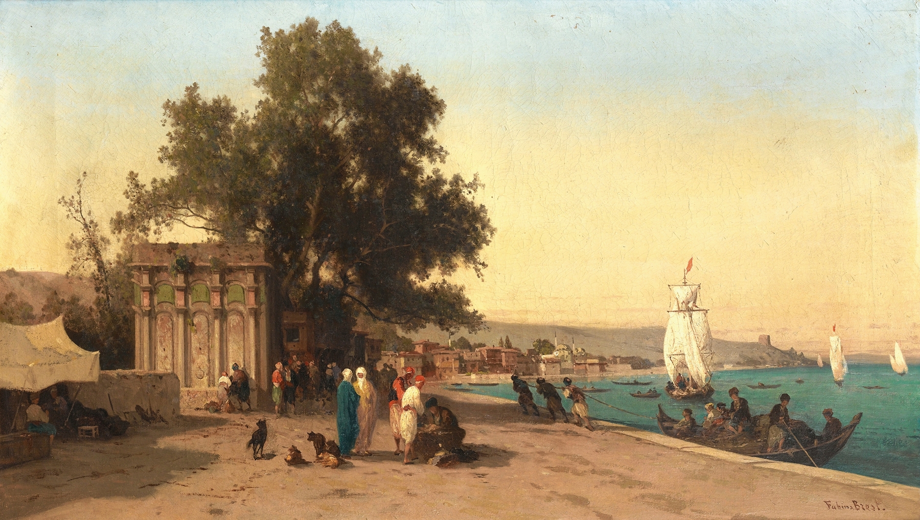 On The Bosphorus by Germain Fabius Brest, oil on canvas depicting shimmering waters and reflections.