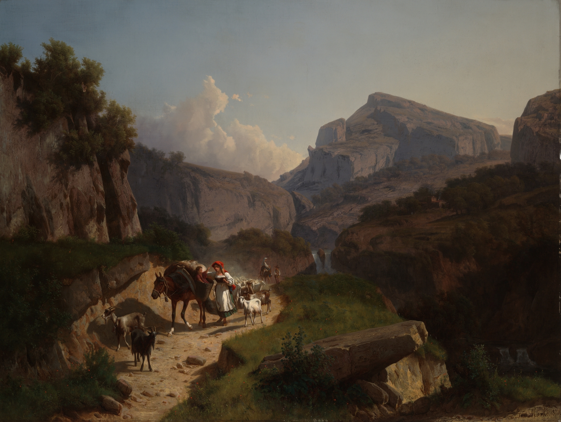 Mountain landscape oil painting by András Markó, featuring rugged peaks and a vibrant sky.
