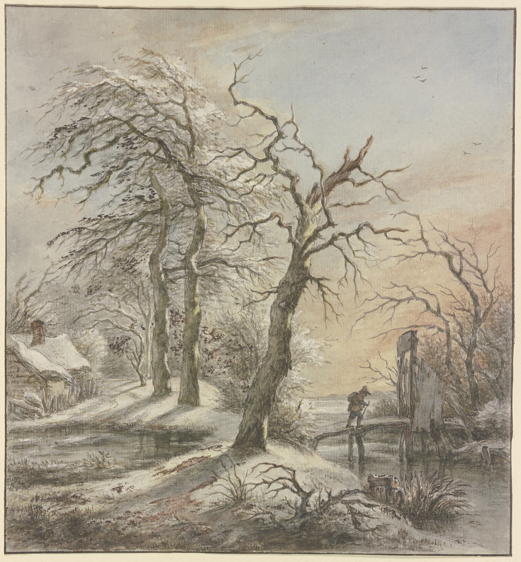 Winterlandschaft, ein Wanderer überquert auf einem Steg einen Bach, by Jan Hulswit, public domain