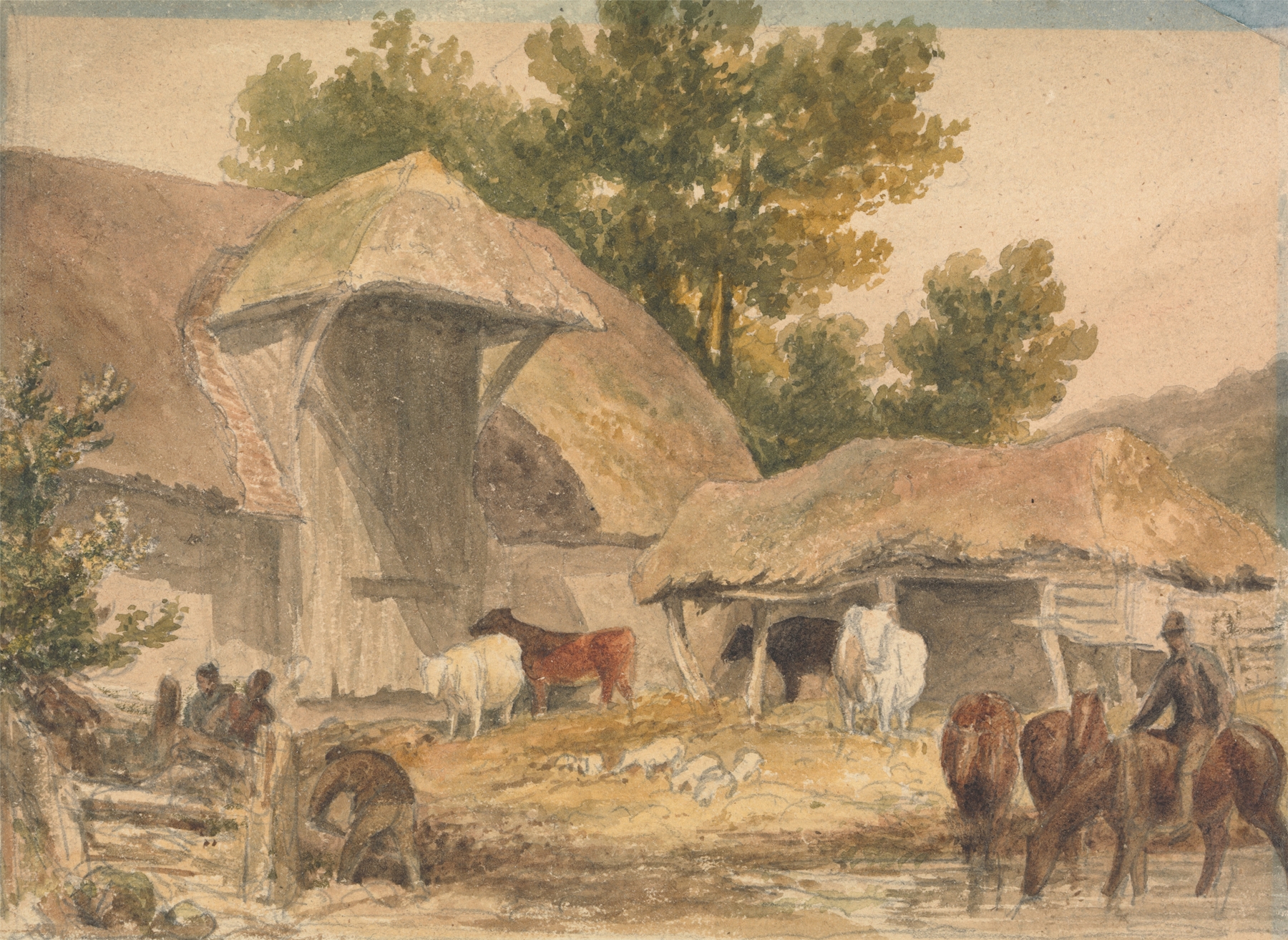 Farmyard scene with horses waiting, oil painting by Robert Hills