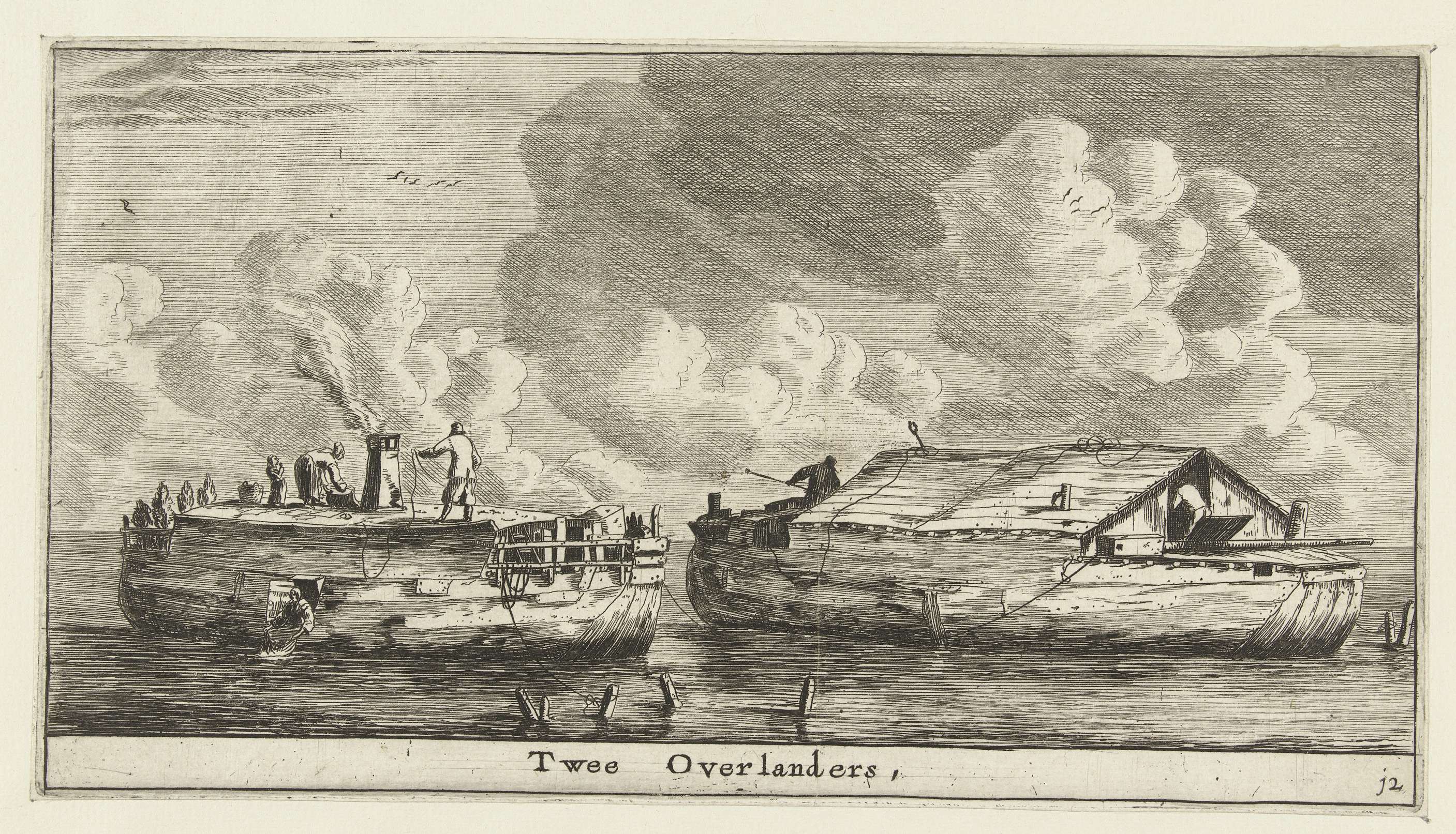 Twee Overlanders etching by Reinier Nooms depicting figures under trees with golden light