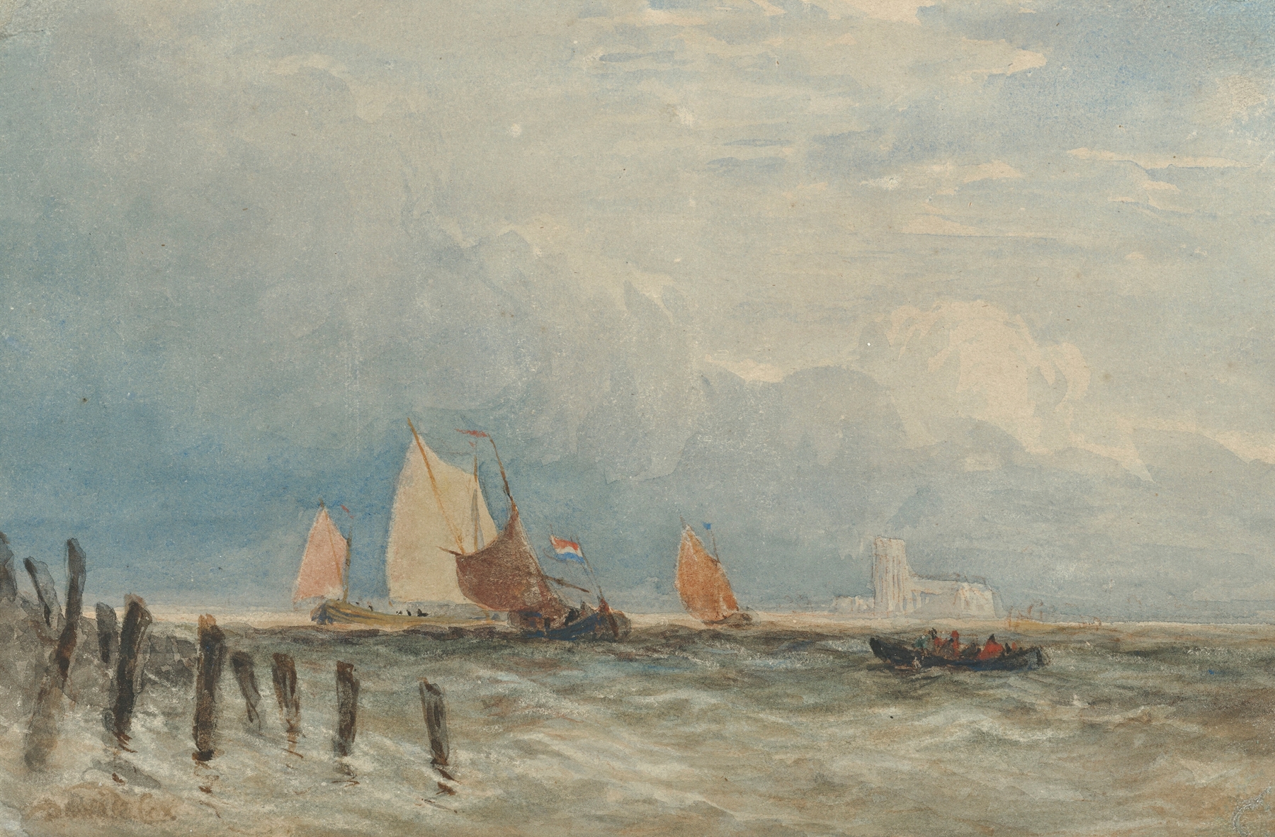 Marine landscape with fishing smacks and shimmering waters, oil painting by David Cox