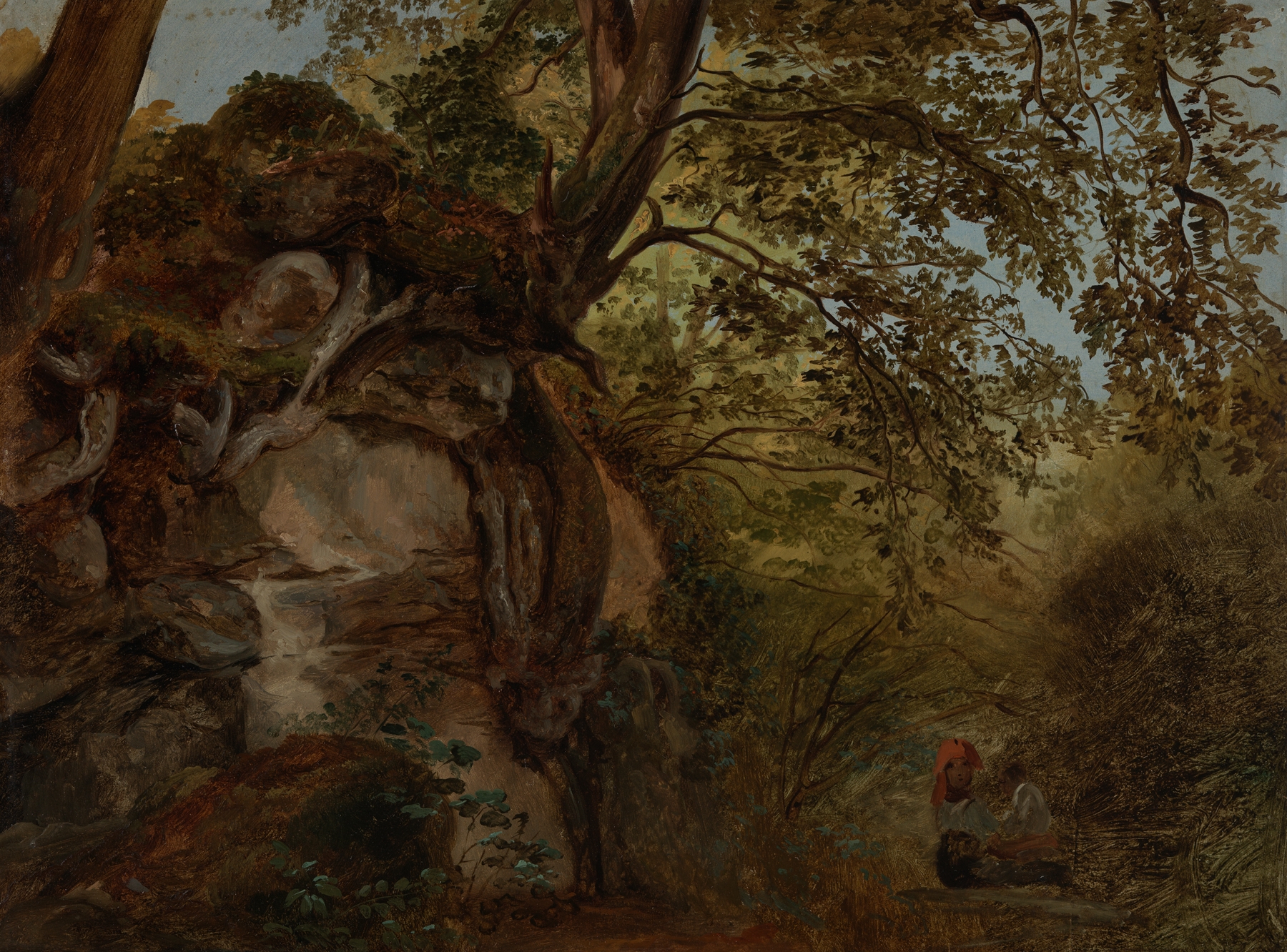 Forest landscape with sunlight filtering through leaves, oil painting by Johann Baptist Kirner