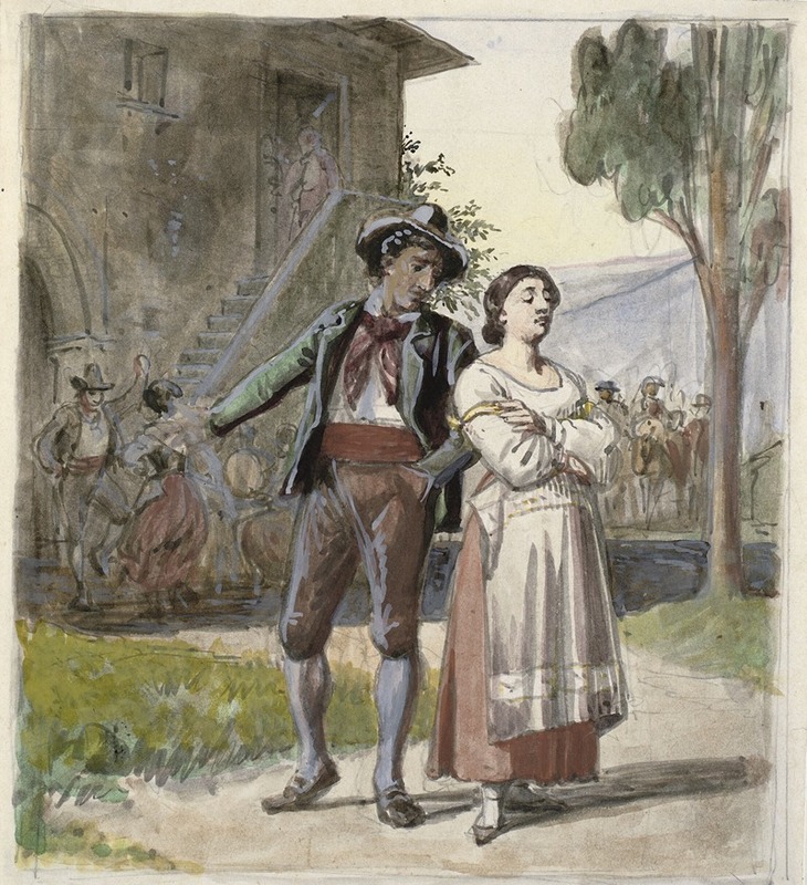 A couple arguing with dancers in the background in front of a house.