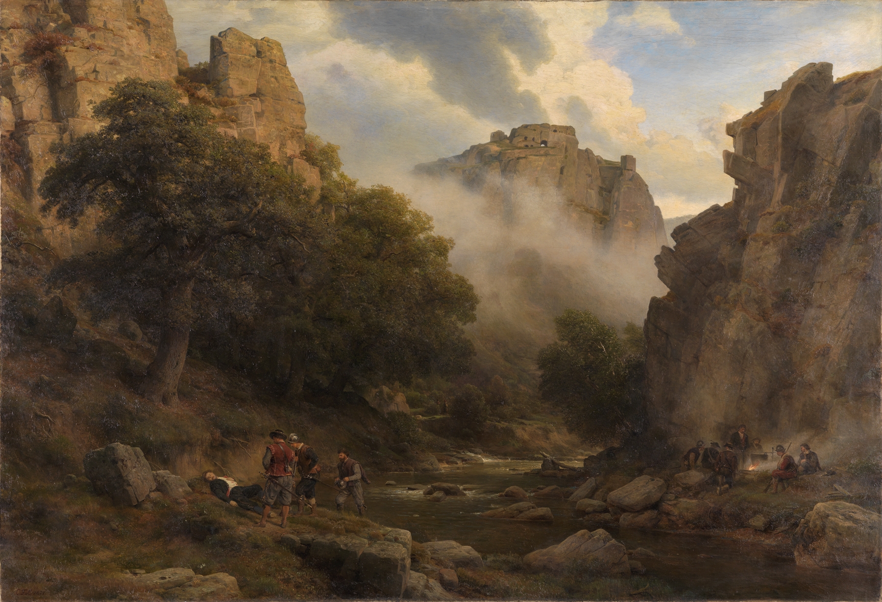 Oil painting by Karl Friedrich Lessing depicting a tranquil forest scene.