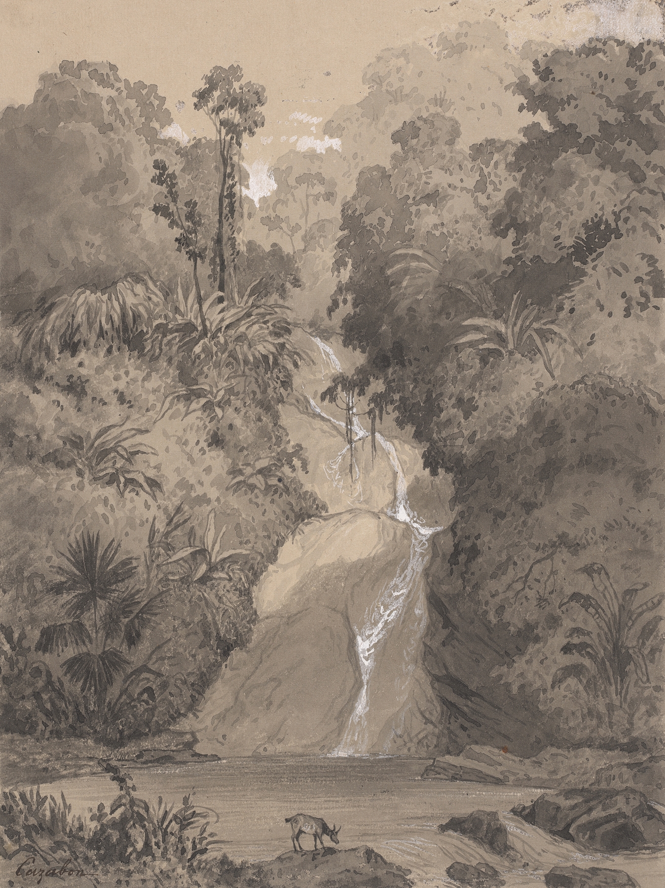 St. Ann’s Waterfall by Michel Jean Cazabon, oil on canvas depicting a serene landscape with a waterfall