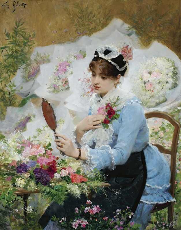 A woman selling flowers in a bustling market scene.