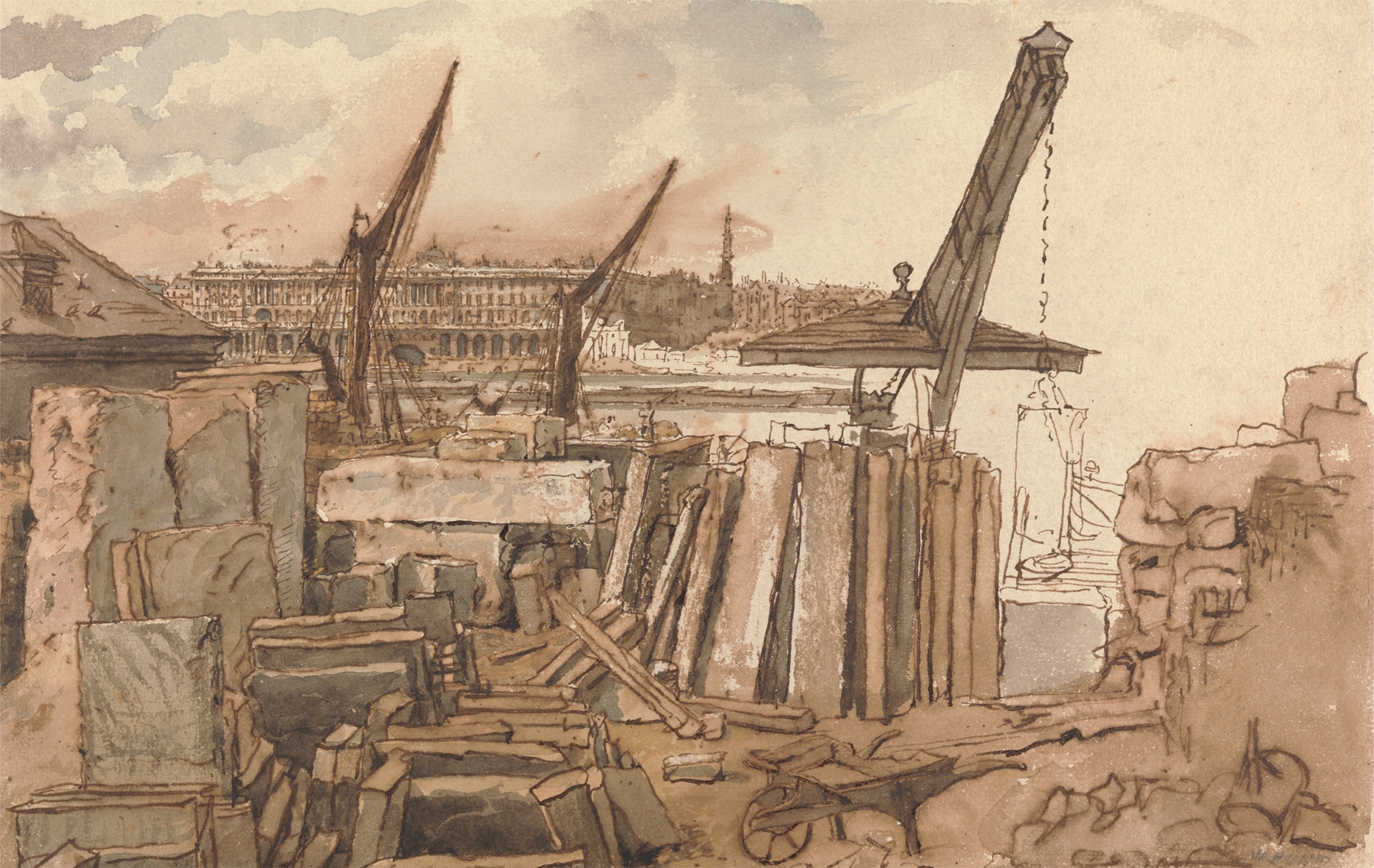 The Building of Waterloo Bridge by William Henry Hunt, watercolor on paper, depicting builders at dawn.