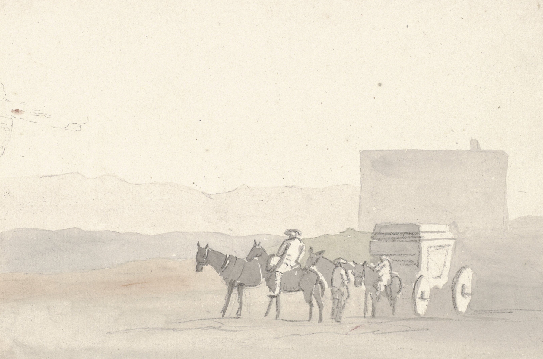 Watercolour by Abraham-Louis-Rodolphe Ducros depicting cliffs and a path in Terracina.