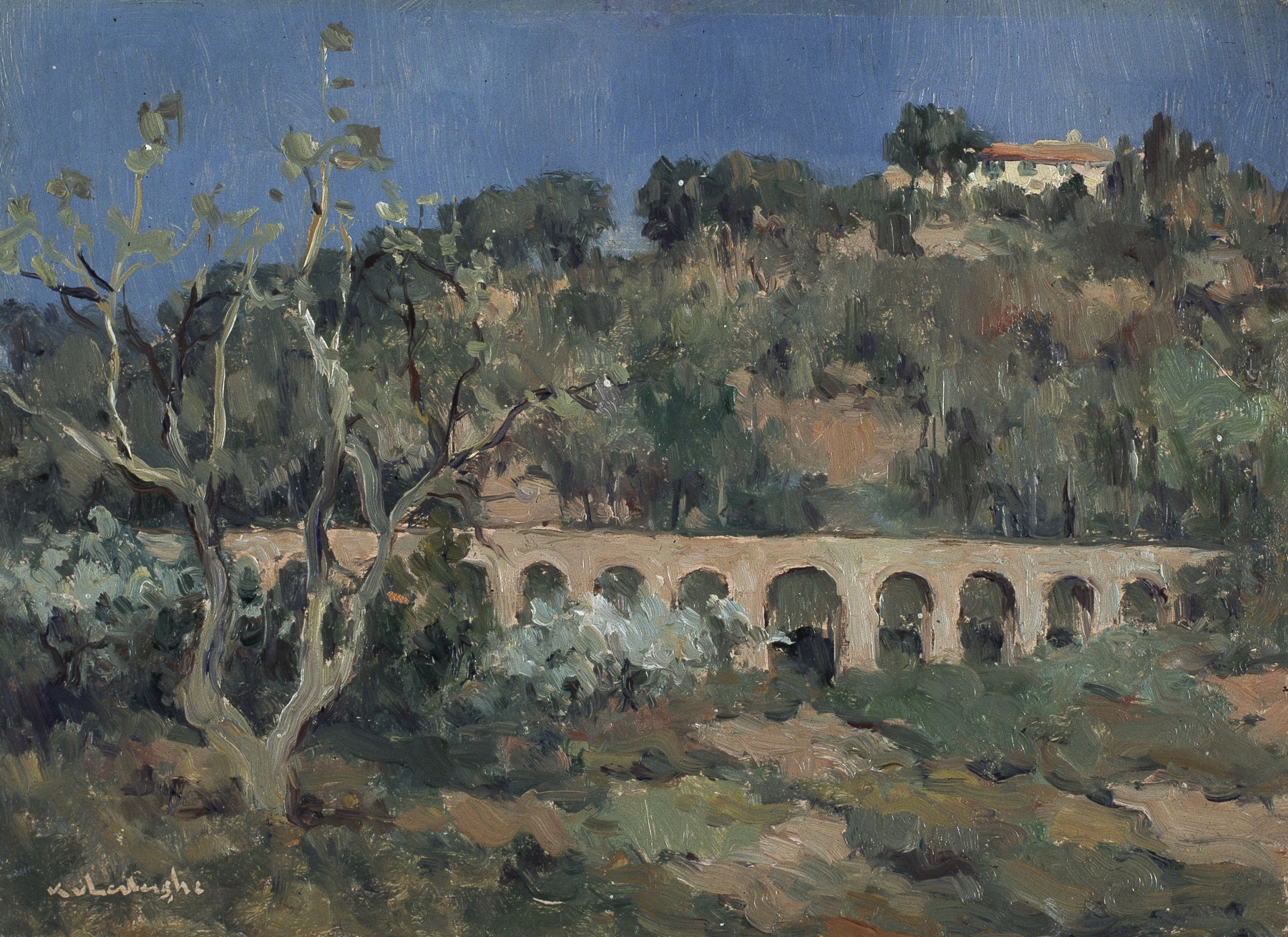 Southern Landscape with an Aqueduct by Karel Van Lerberghe, modernism, depicting an aqueduct in nature.