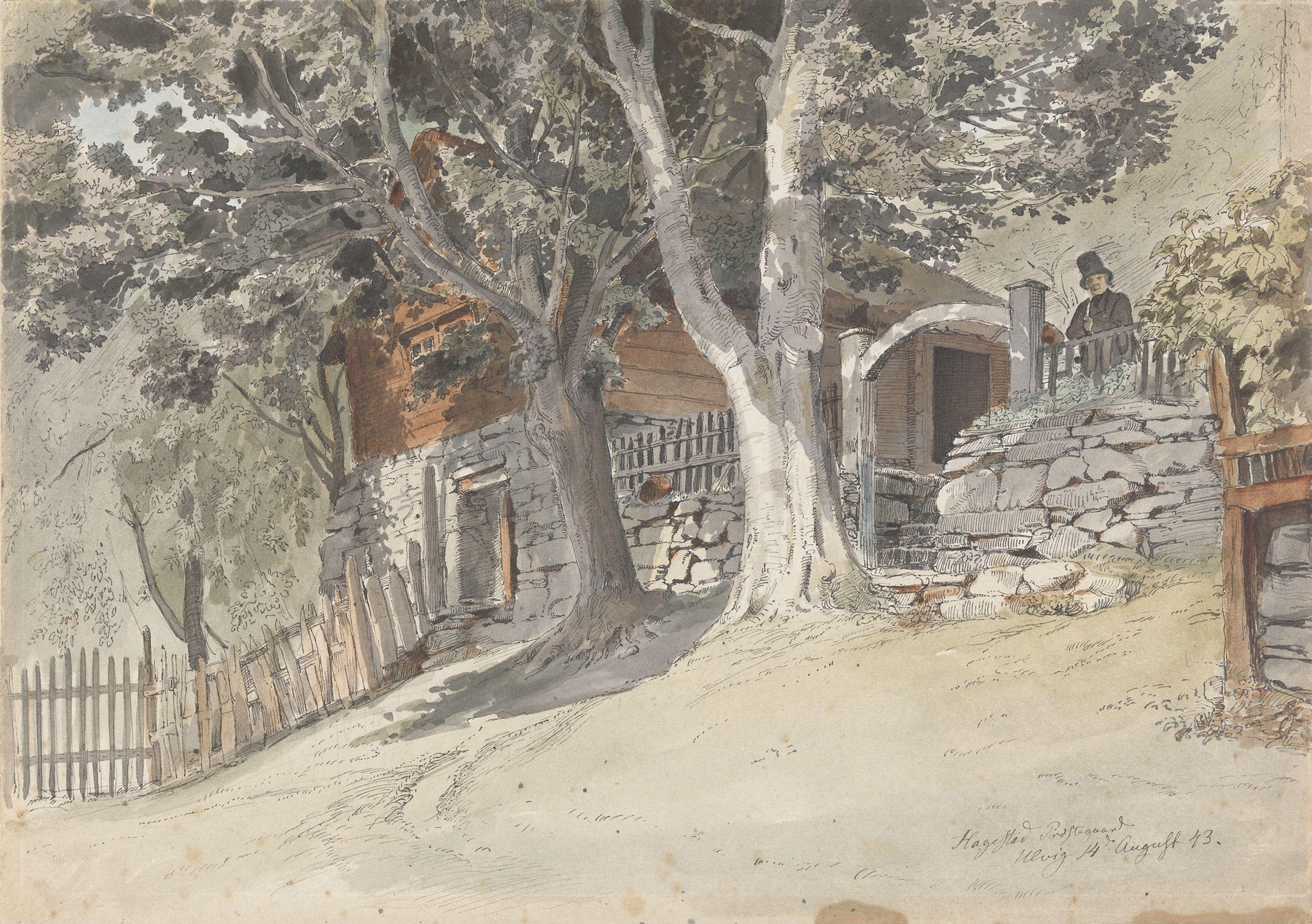 Hagestad prestegård, Ulvik i Hardanger by Adolph Tidemand, oil on canvas depicting a Norwegian farmhouse.