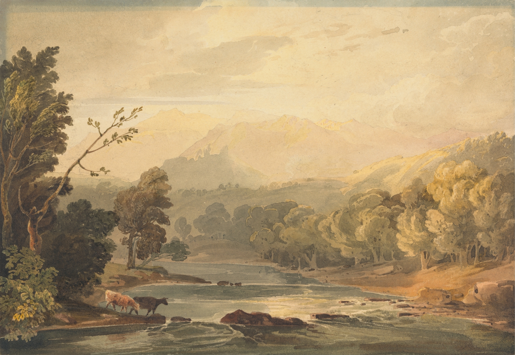 Watercolour by Copley Fielding depicting a river landscape with hills and clouds.