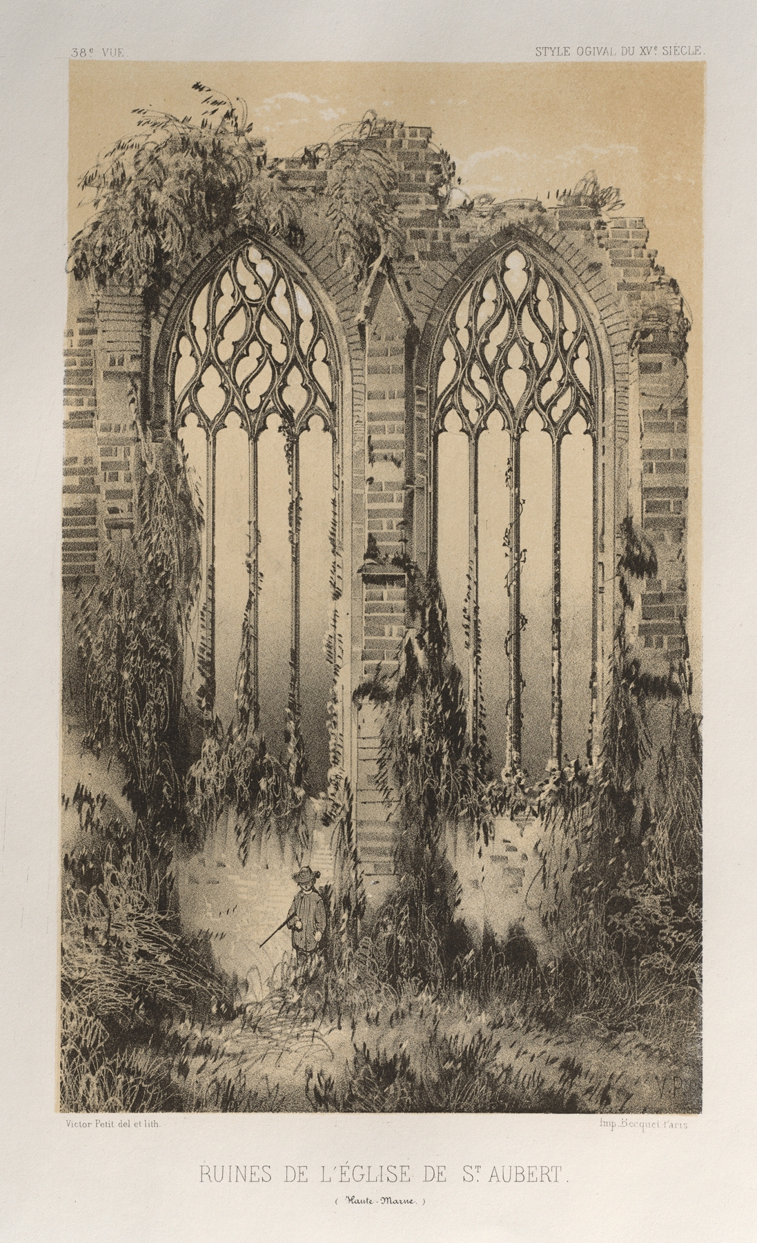 Ruines De L’Église De St. Aubert by Victor Petit, oil painting of church ruins against a washed-out sky.