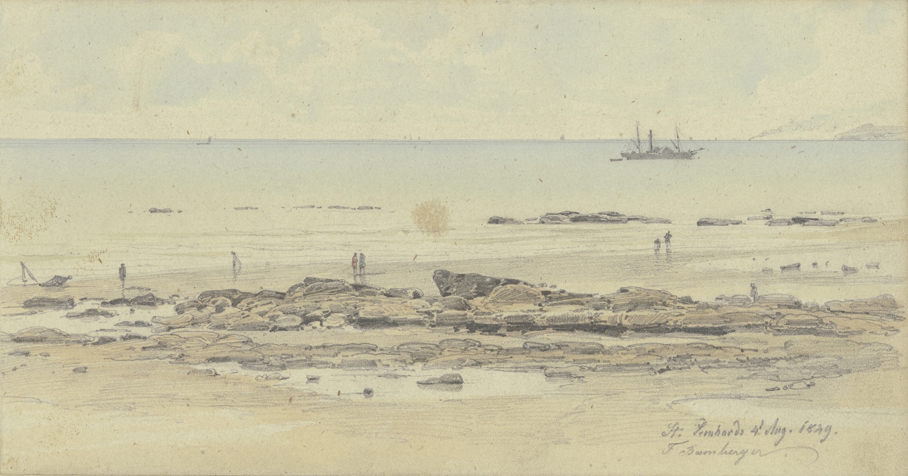 Küste bei Saint Leonards-on-Sea, oil on canvas by Fritz Bamberger, depicting a serene coastal landscape.