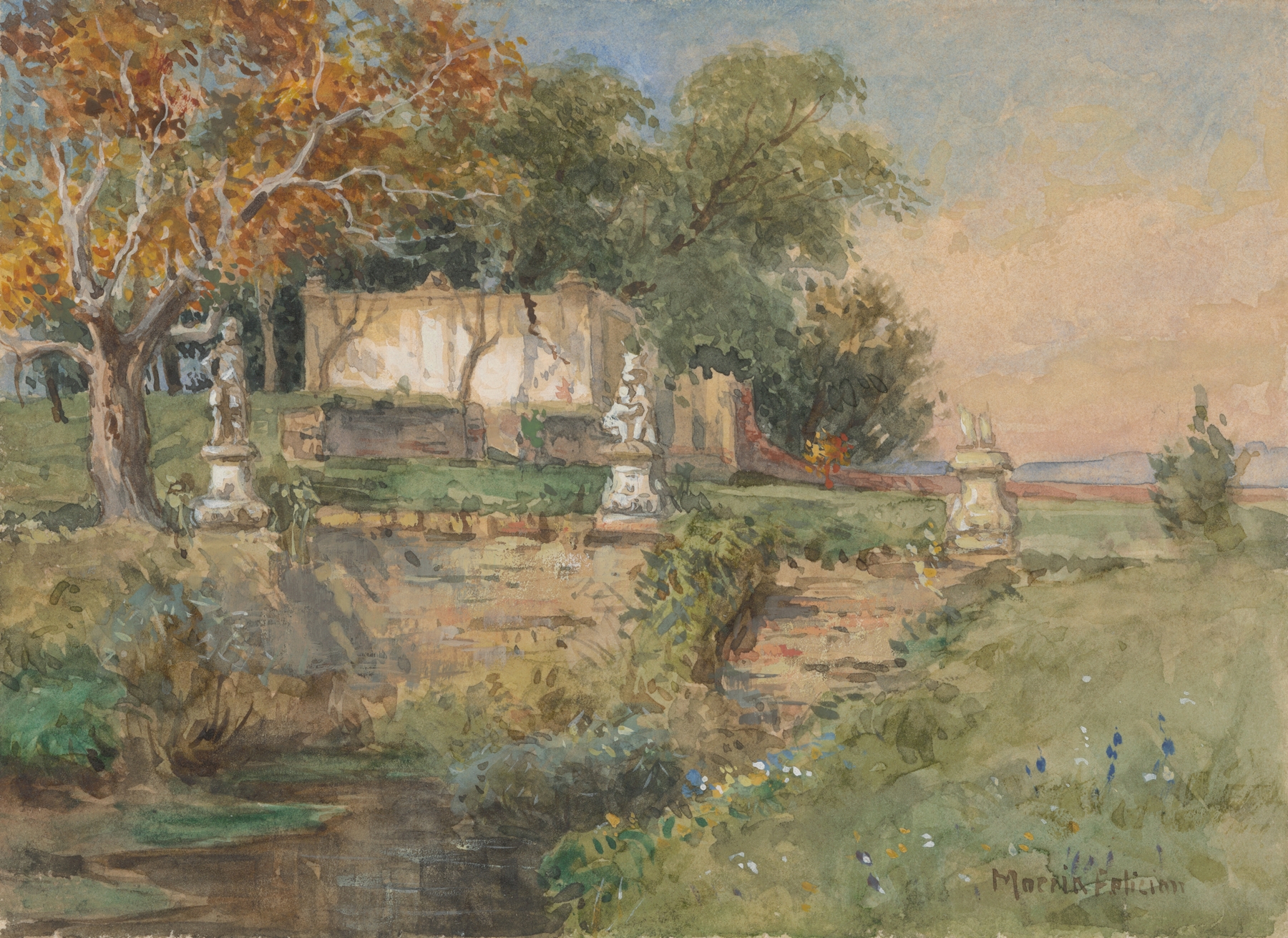 Impressionist landscape by Felicián Moczik, depicting a vibrant park scene.