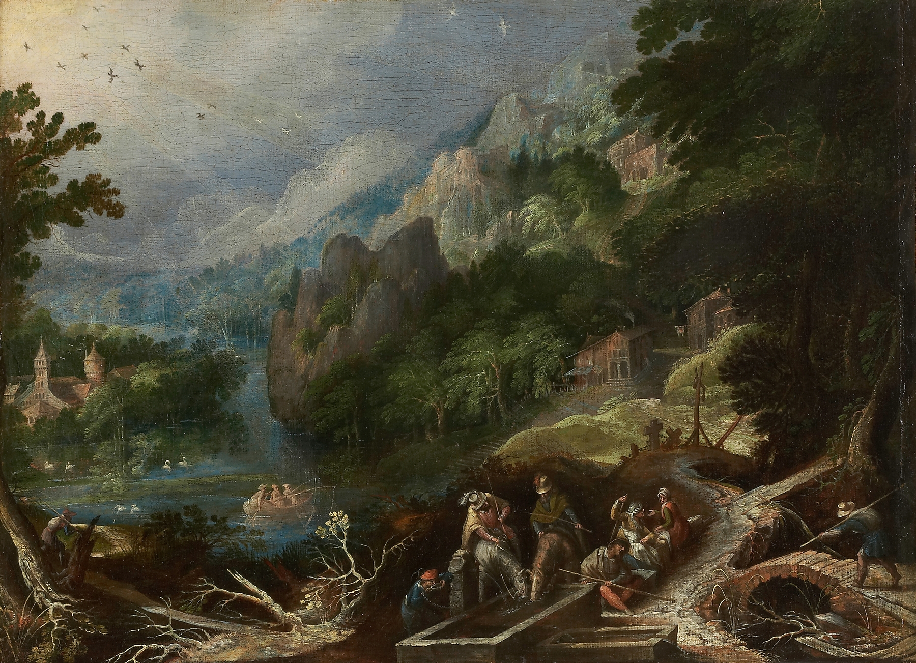Mountain landscape with travelers at a well, oil on canvas by Frederik Van Valckenborch