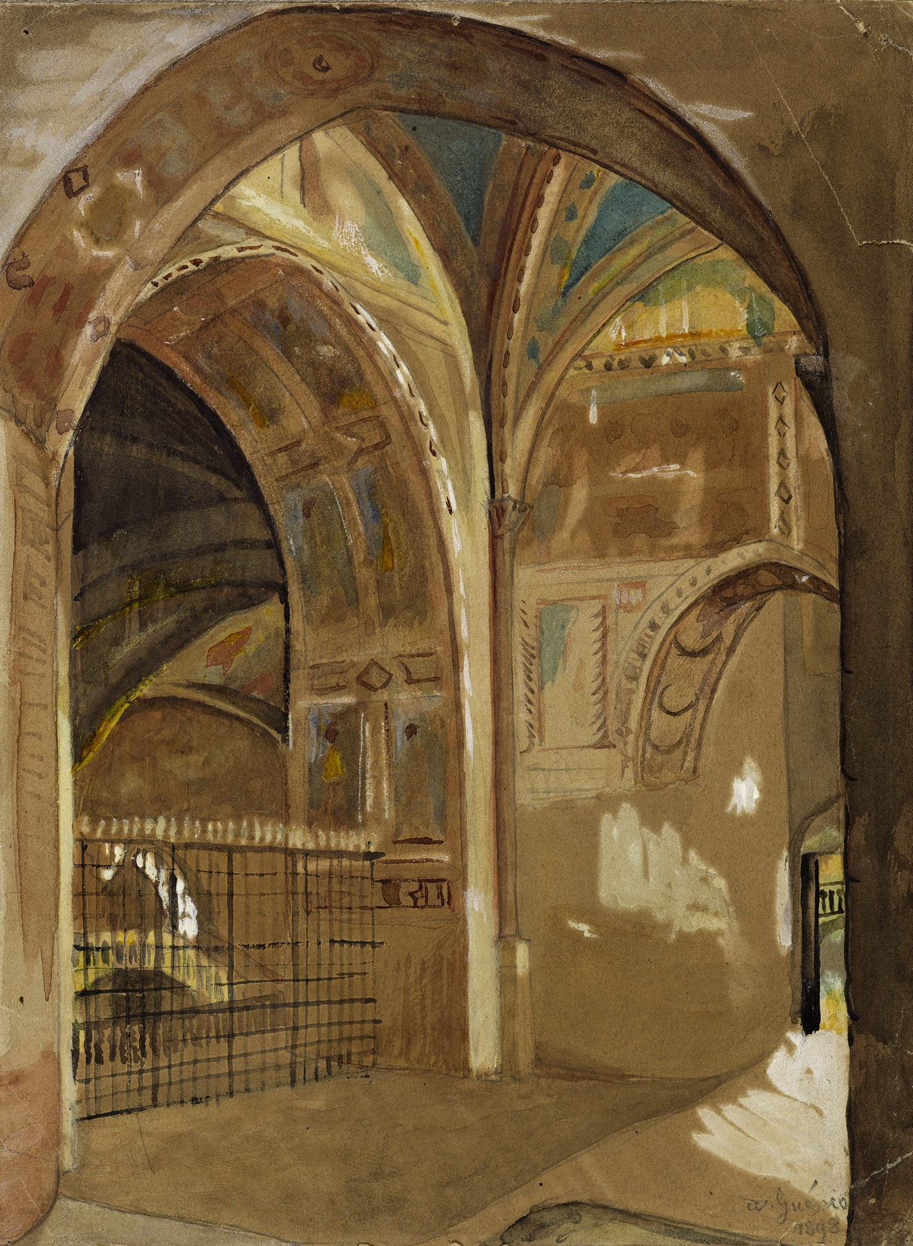 Interior of a church with stained glass, by Arthur-Joseph Gueniot, medium unknown