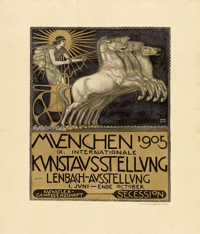Franz von Stuck's poster for the IX International Art Exhibition in Munich showcases a blend of colors and figures.