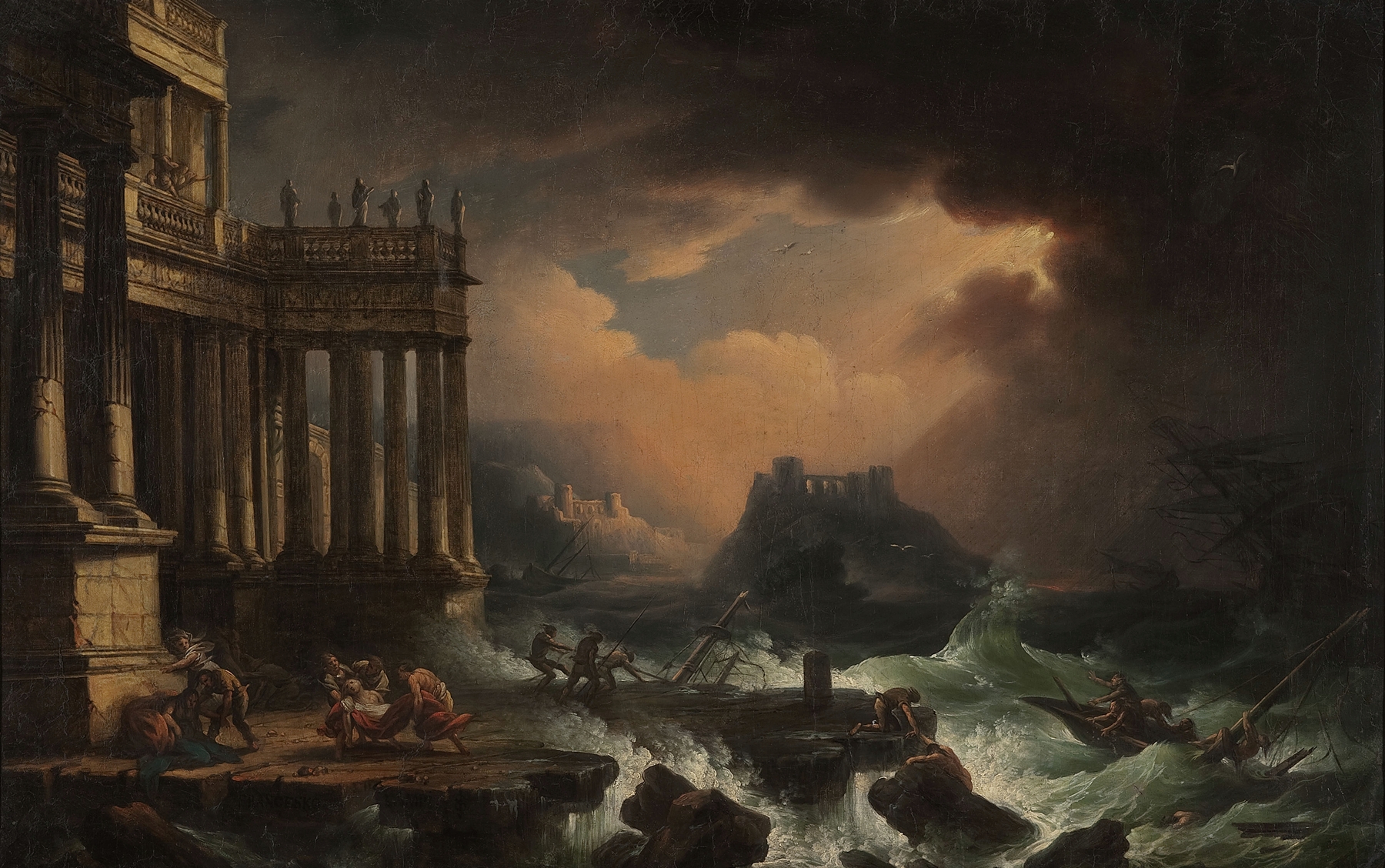 Oil painting by Franciszek Ksawery Lampi depicting a shipwreck amidst tumultuous waves.