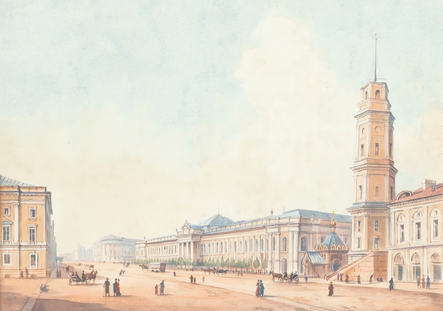 View Of St. Petersburg, oil on canvas by Russian School depicting a serene skyline over tranquil waters.