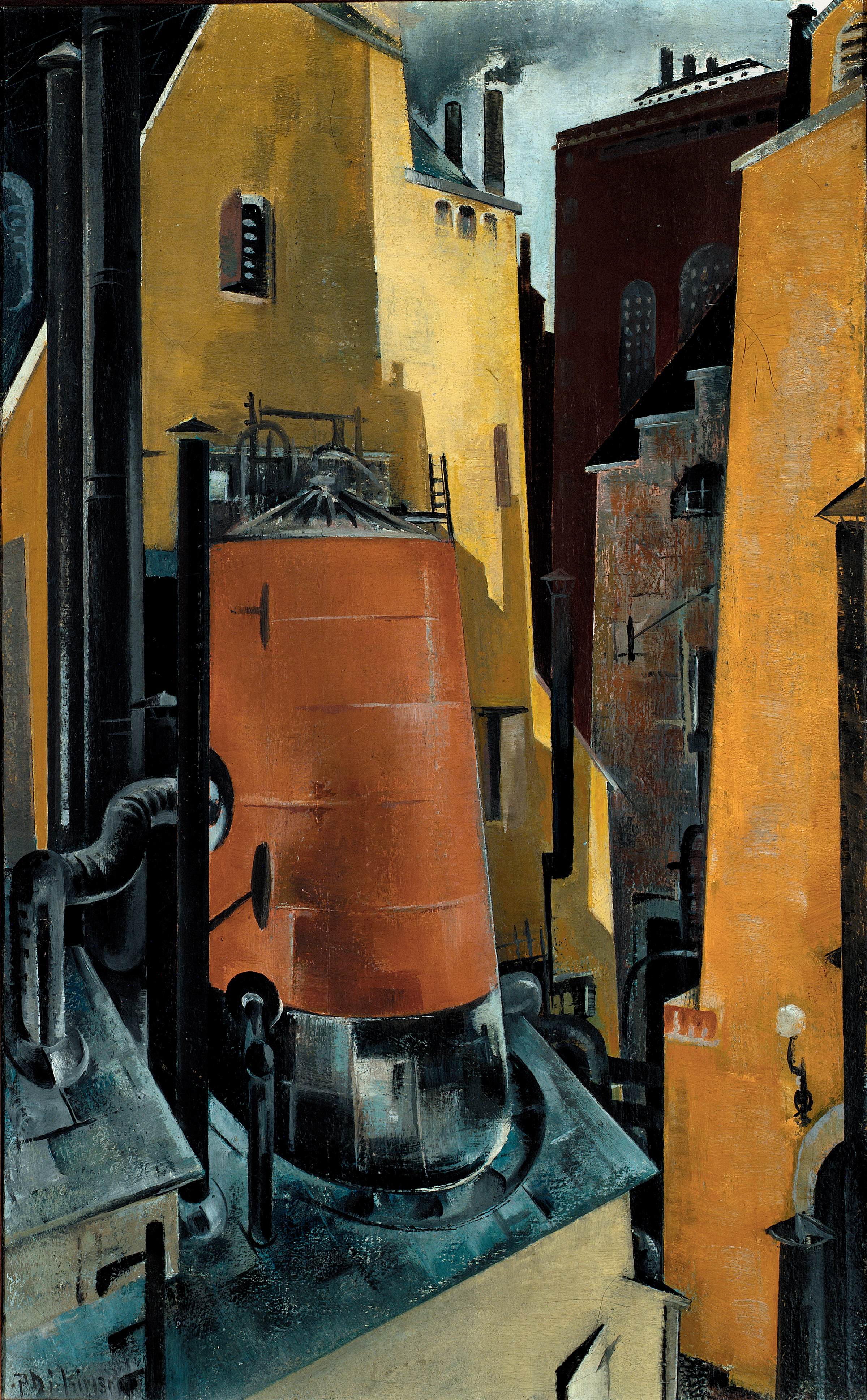 Landscape with smokestacks and a tranquil sky, oil painting by Preston Dickinson
