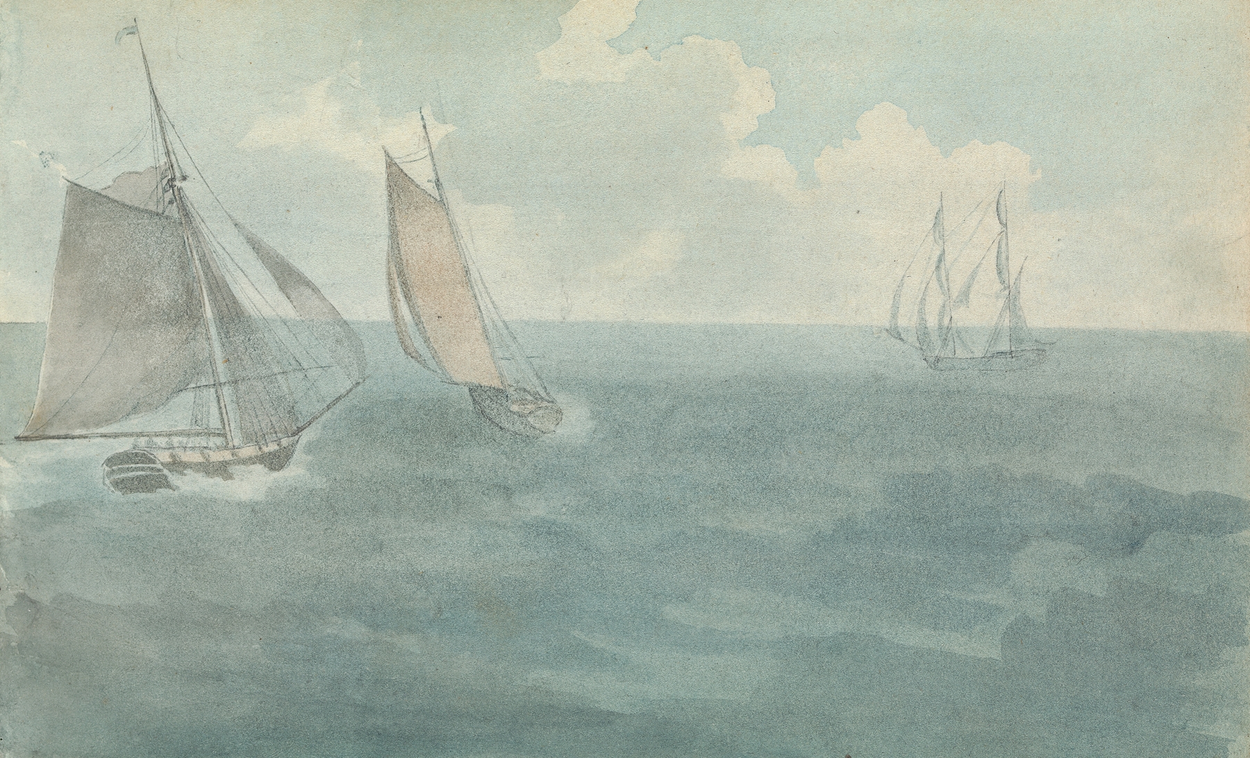 Three Ships at Sea by Thomas Bradshaw, oil painting depicting ships on a calm ocean.