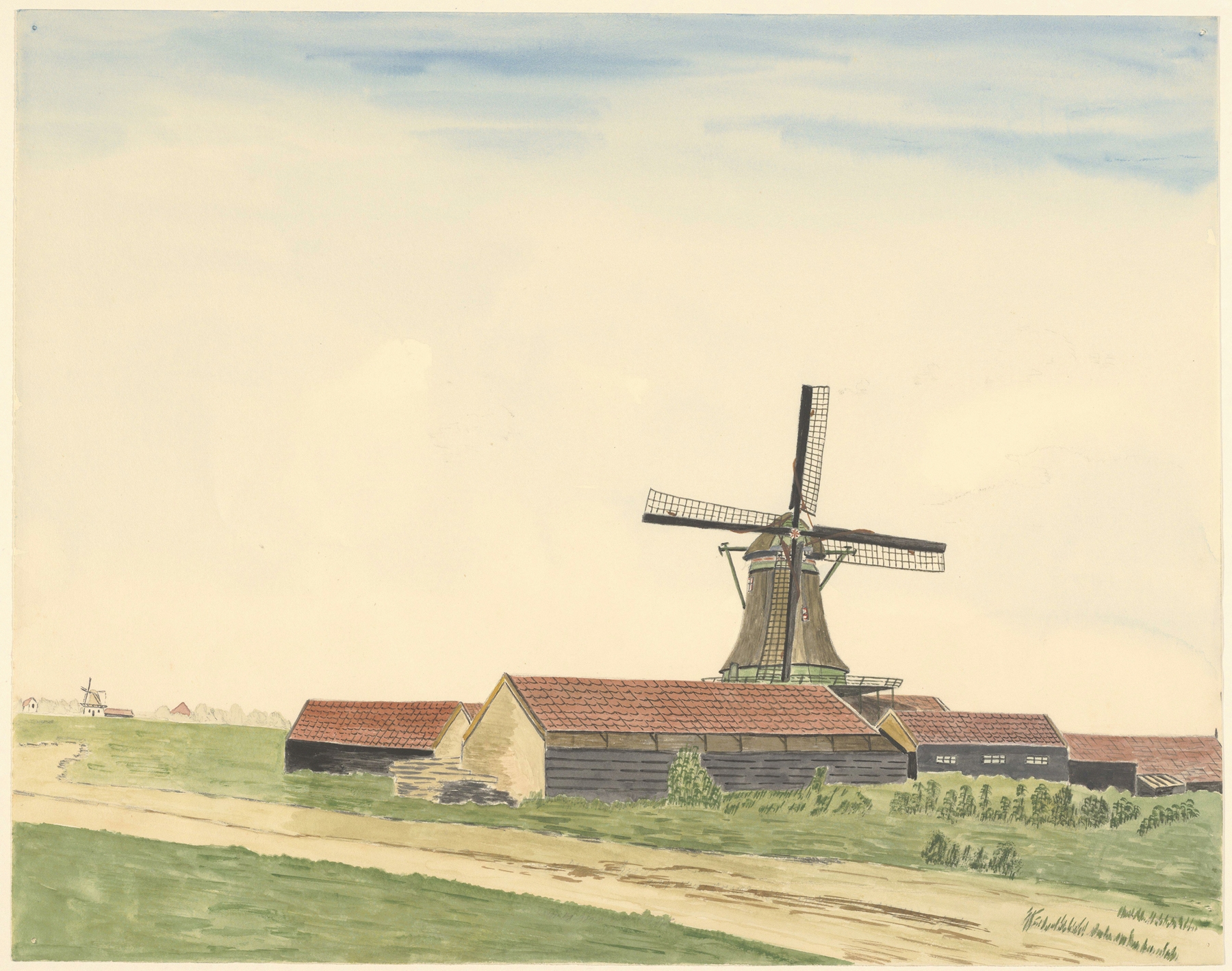 Landscape with a wooden windmill by Johannes Nicolaas Eijman, realism