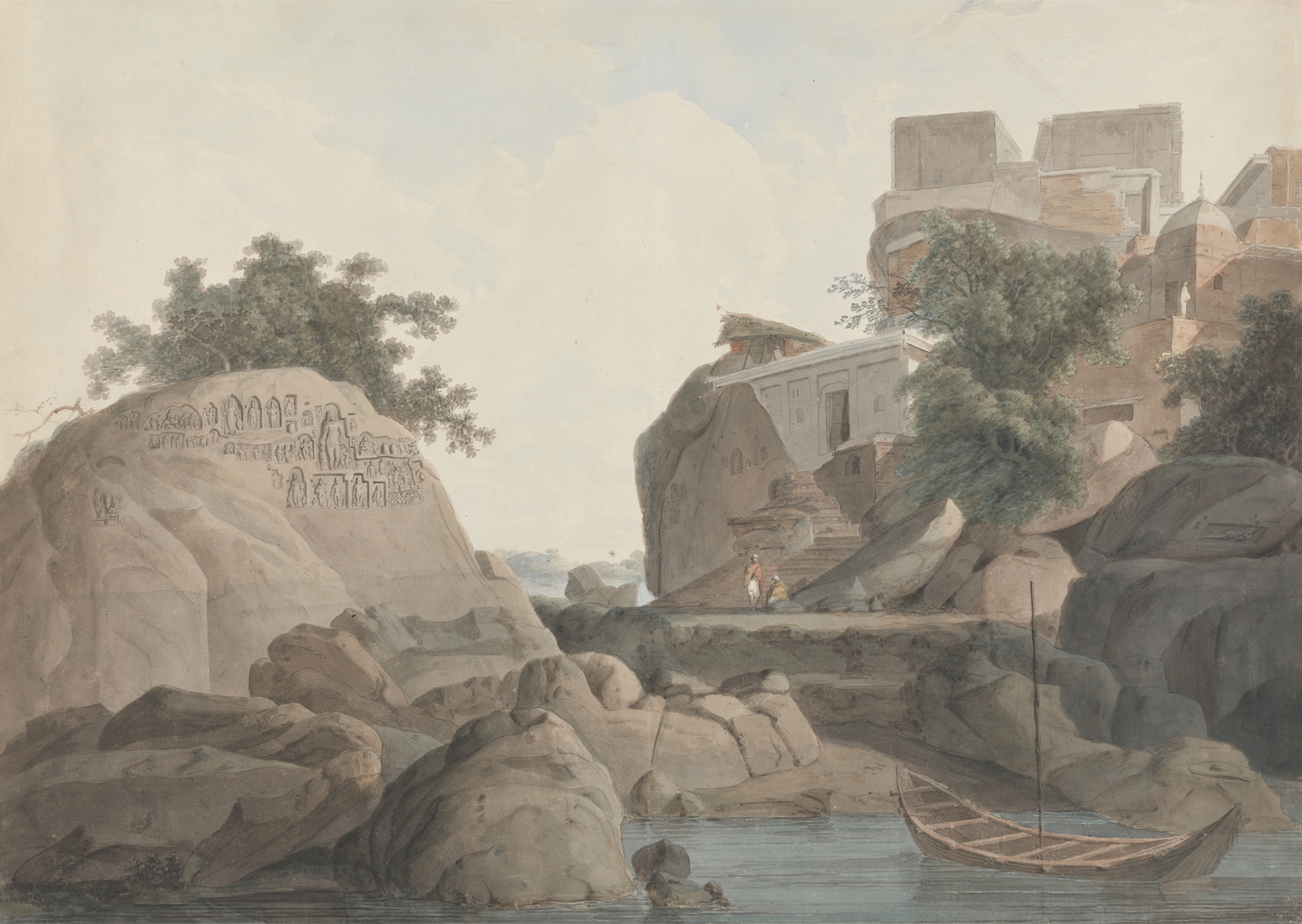 Fakir’s Rock at Sultanganj by William Daniell, oil painting depicting a rocky landscape.