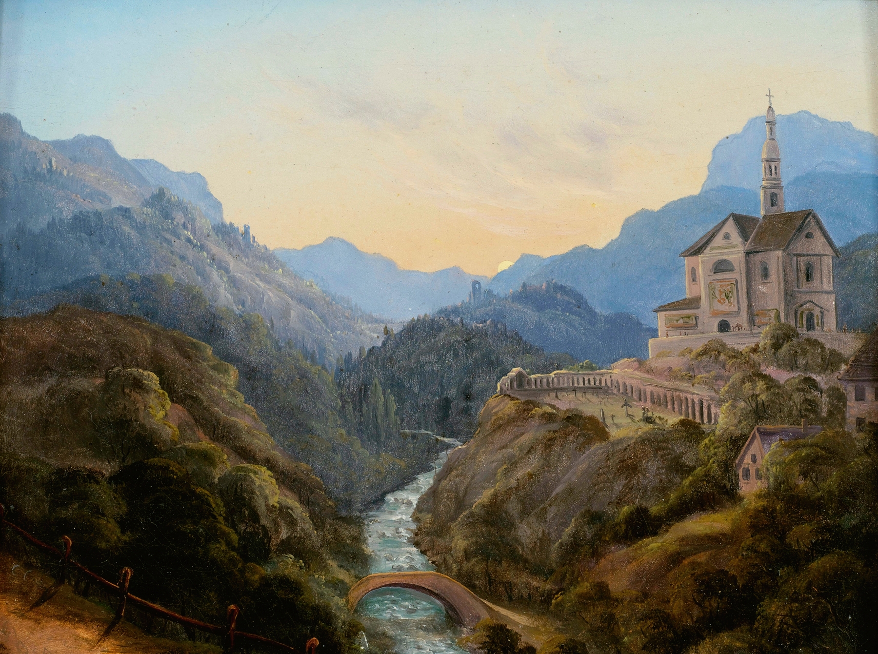 Mountainous landscape with a river valley and an abbey at evening light, by Carl Gustav Carus, public domain