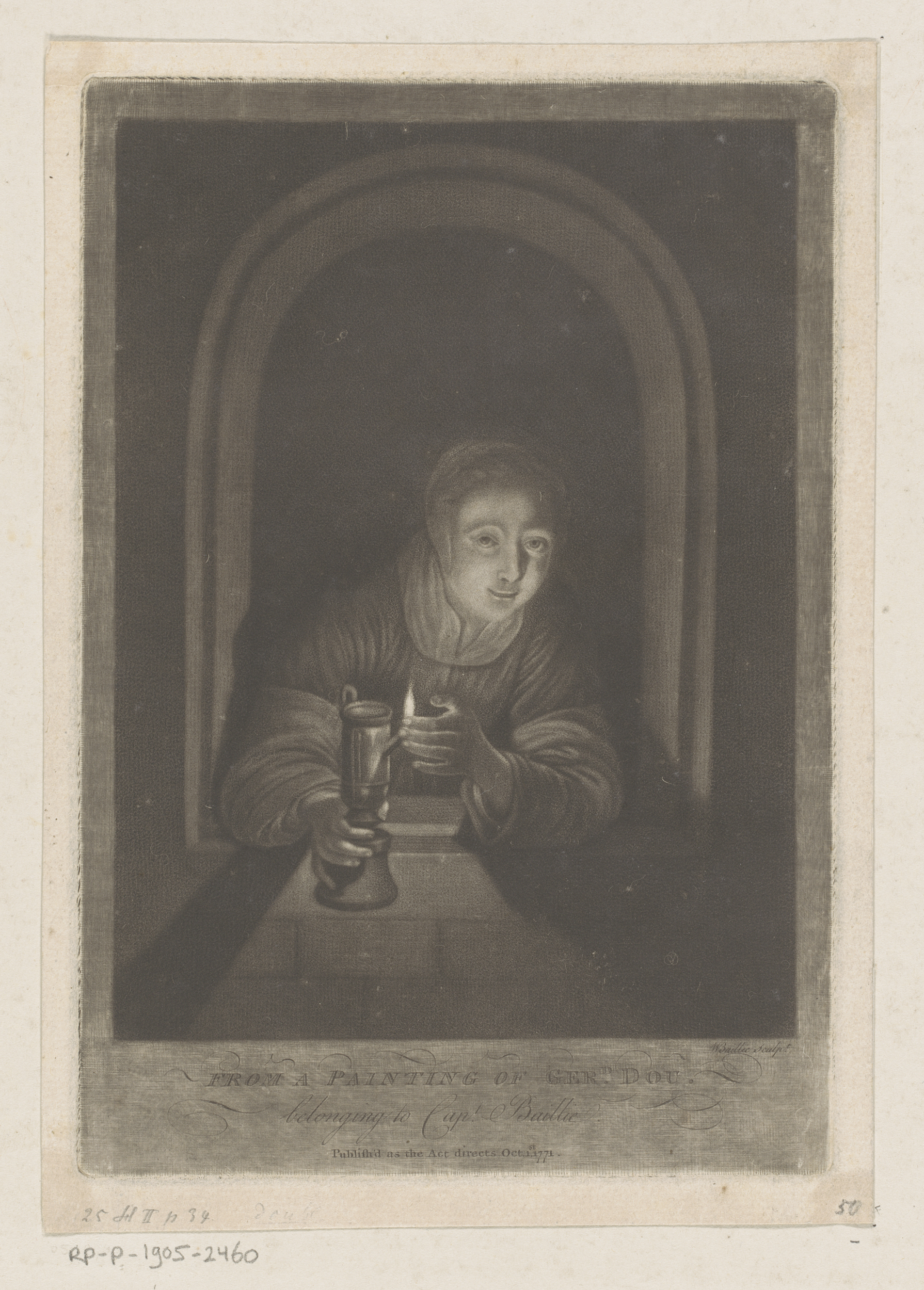 Jonge vrouw met brandende lamp in venster, paper by William Baillie, depicting a young woman by a window.