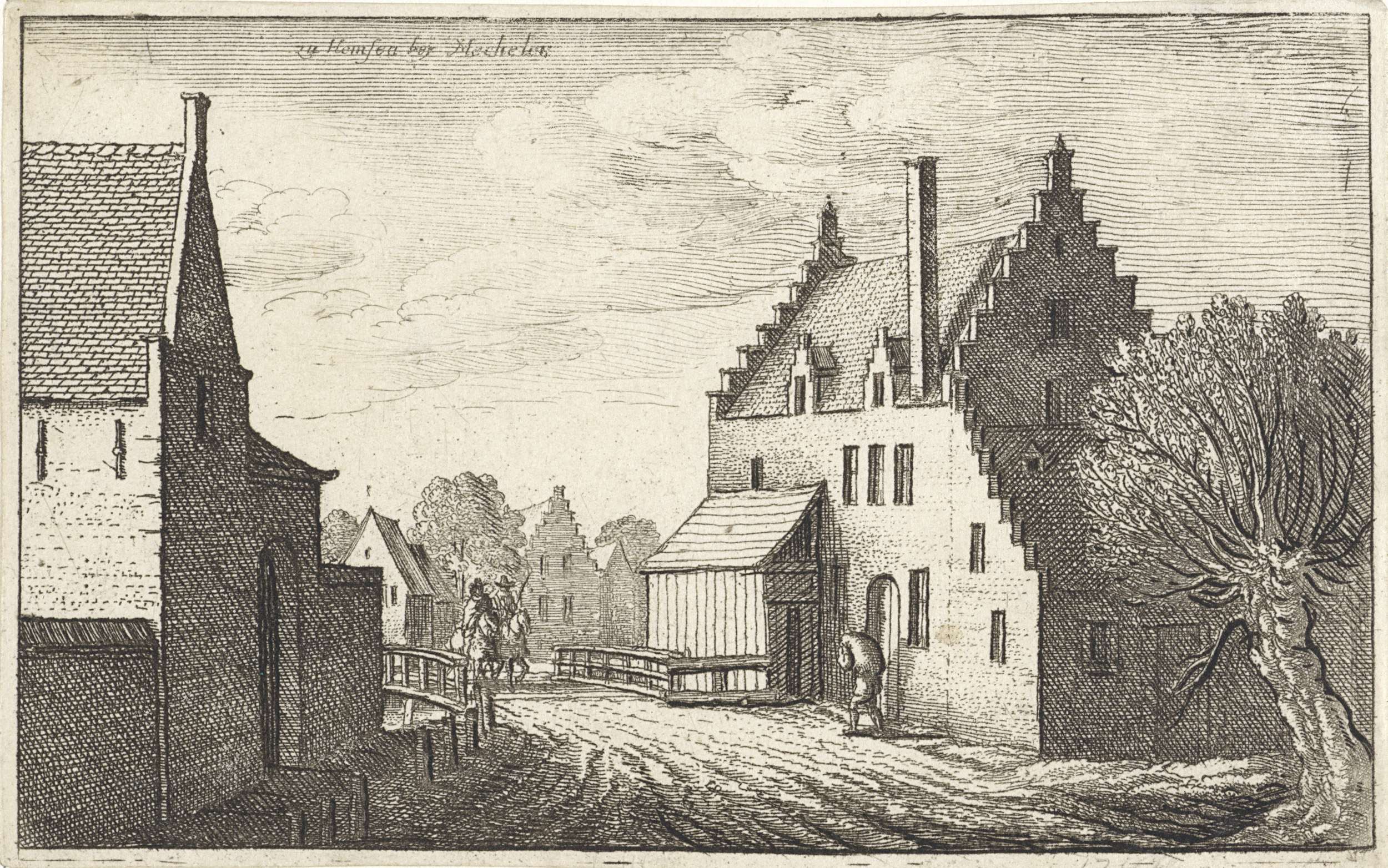 Etching by Wenceslaus Hollar depicting a village street with cobblestones and light.