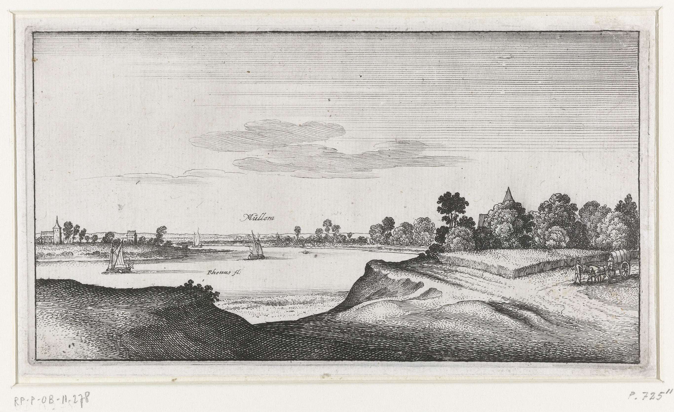 Landschap met gezicht op Mülheim, etching by Wenceslaus Hollar, depicting a river and rolling hills.