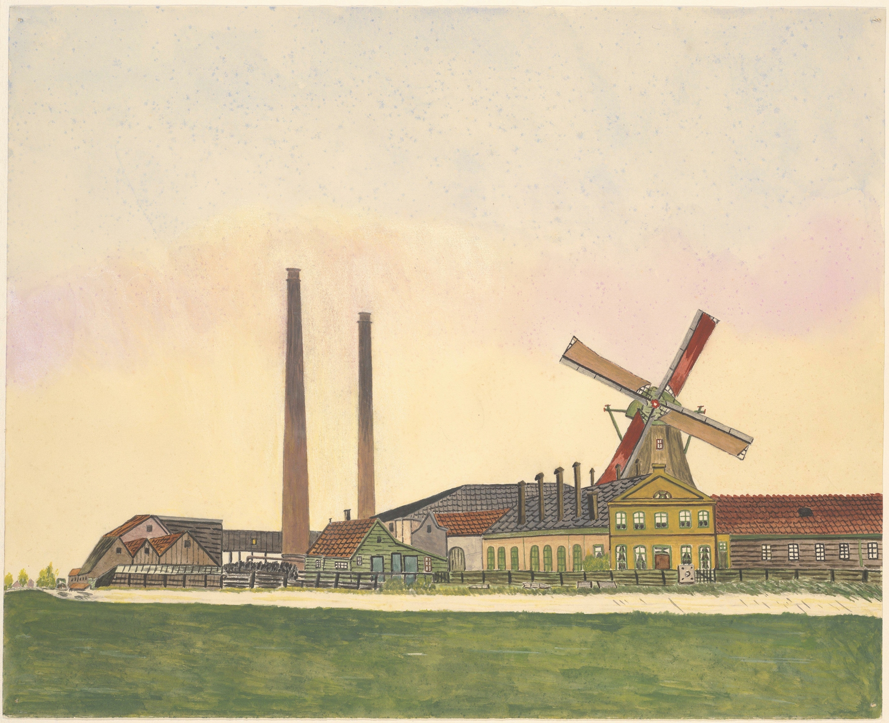 Landscape featuring a windmill and chimney stacks, oil painting by Johannes Nicolaas Eijman