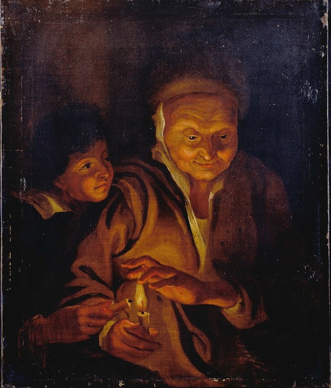 A young boy is lighting a candle from an old woman's candle in this Baroque painting by Rubens.