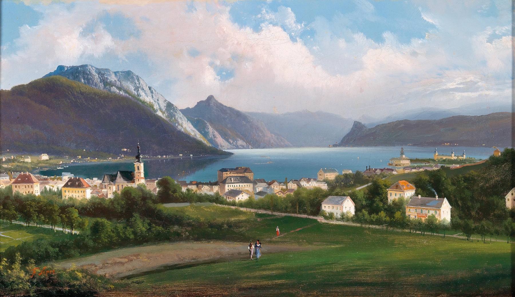 A view of Lake Traunsee with hills, oil on canvas by Ferdinand Lepie