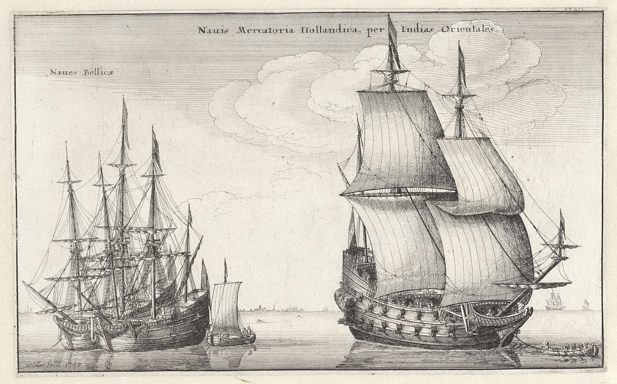 Etching by Wenceslaus Hollar depicting ships and clouds
