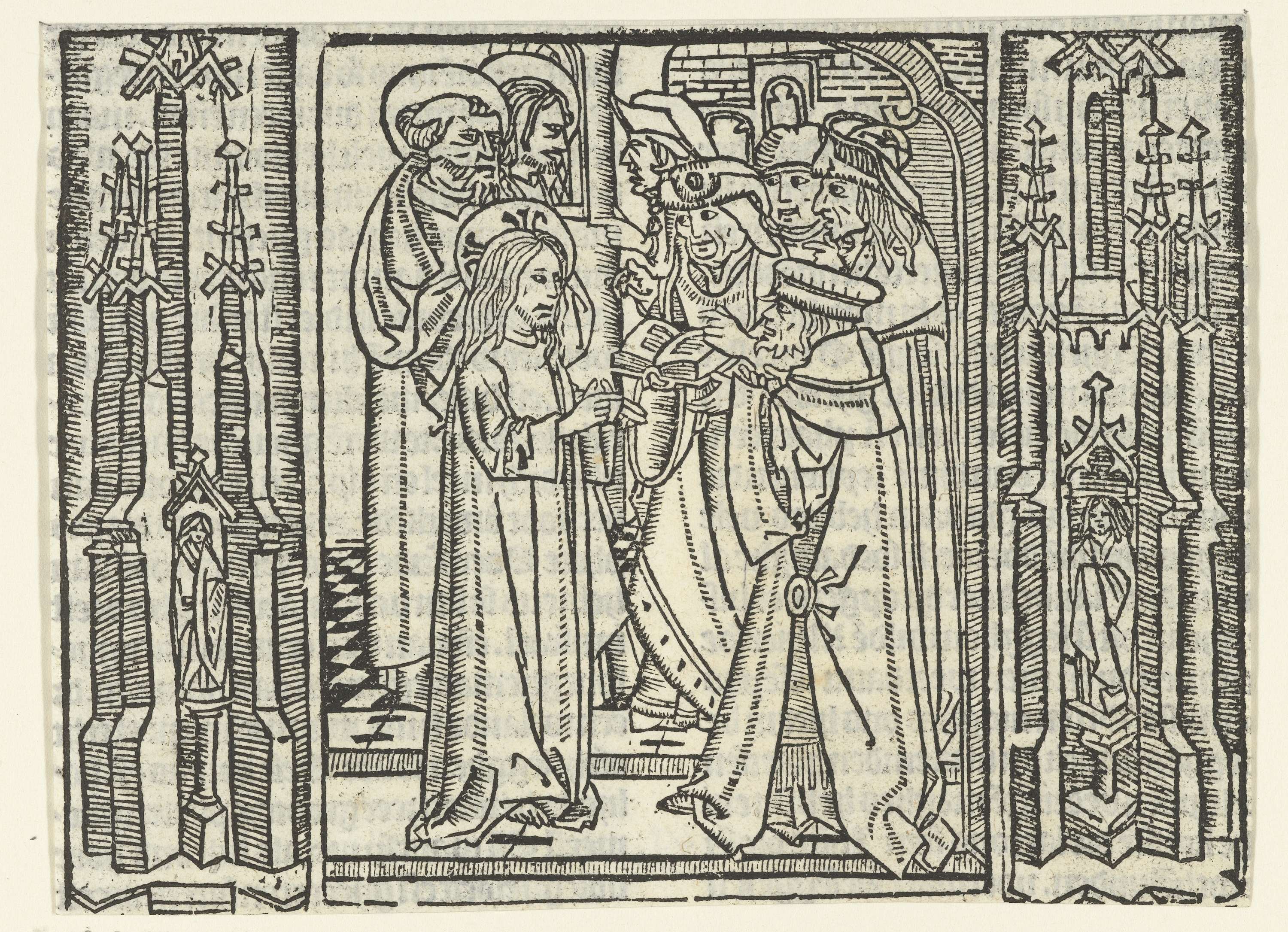 Religious scene with Christ and Farisees in a temple, paper by Master of Delft