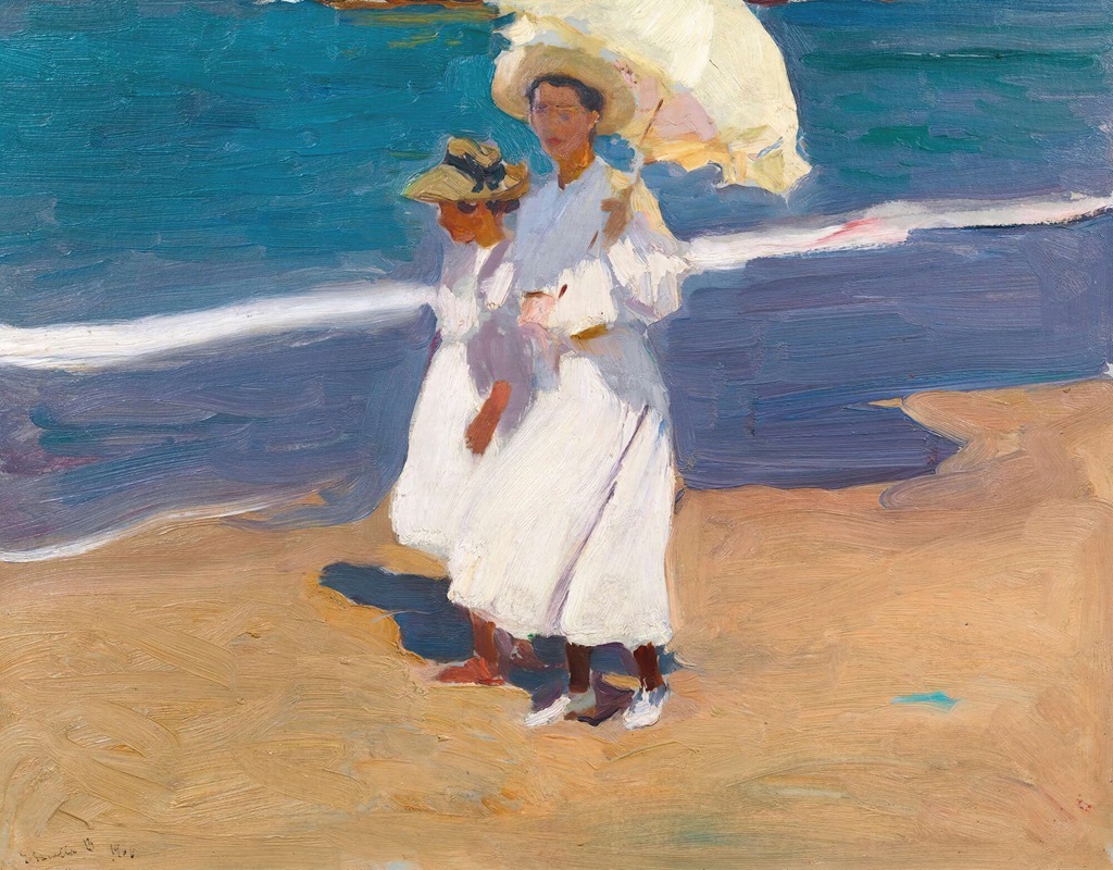 Joaquín Sorolla's *By The Seaside* captures a lively beach scene with bright colors.