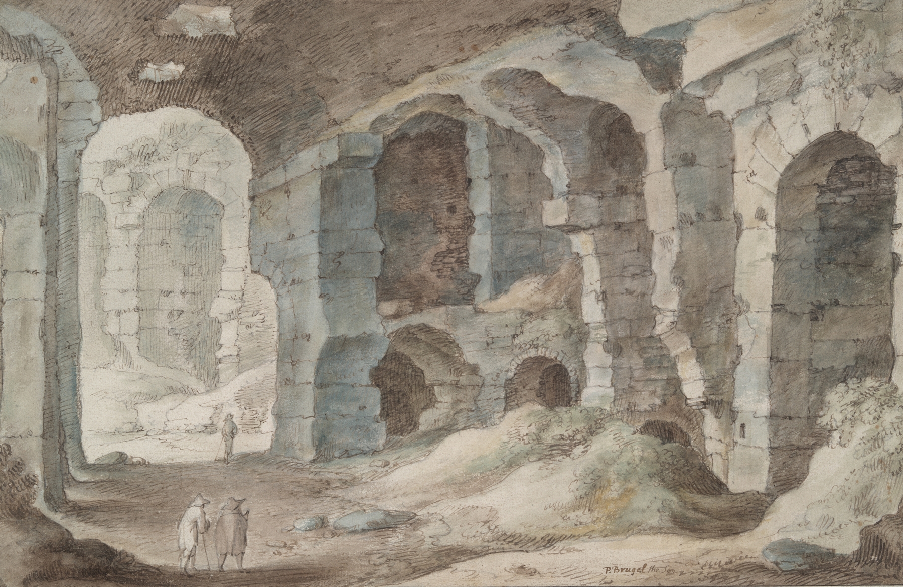Roman Ruins, oil on wood by School of Pieter Brueghel the Elder, featuring crumbled columns and a muted sky.