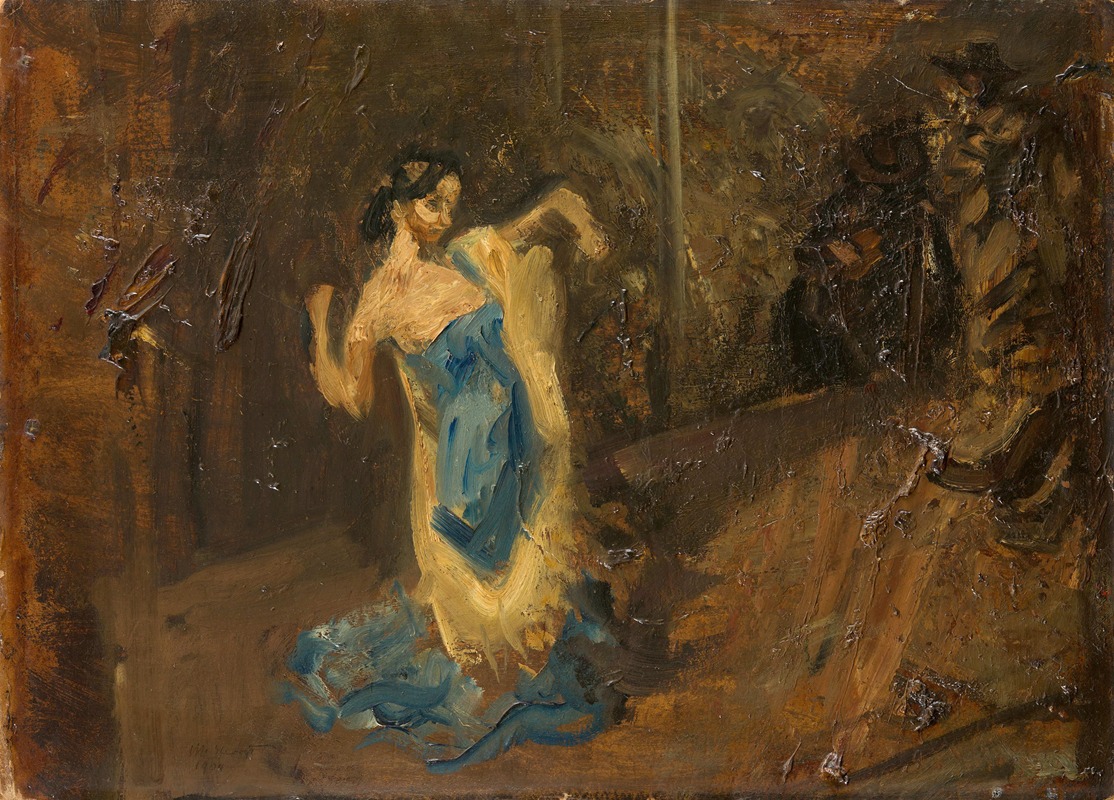 Max Slevogt's painting depicts a woman dancing in a vibrant, colorful space.
