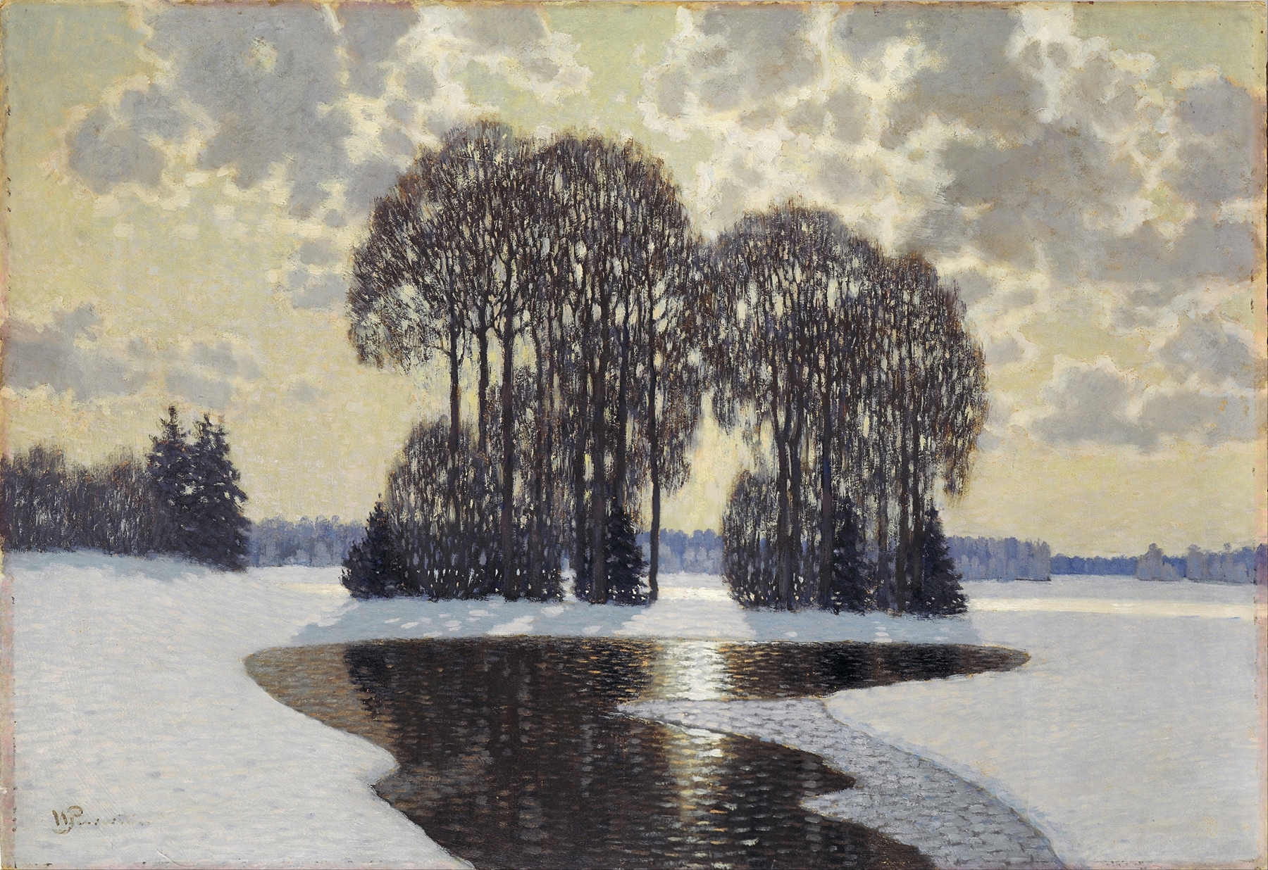 Winter by Vilhelms Purvītis, an impressionist oil painting of snowy hills.