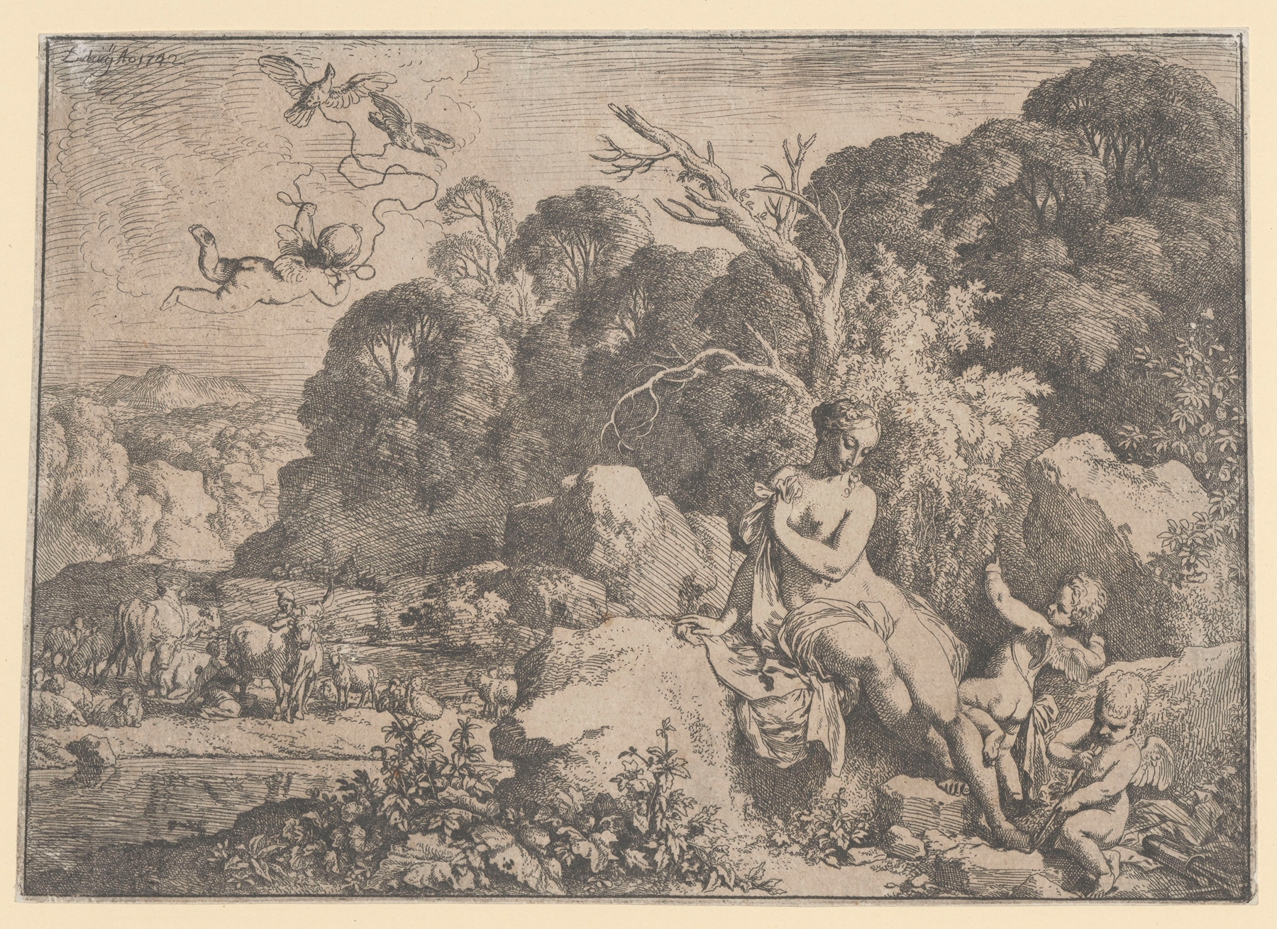 Rococo oil painting by Christian Wilhelm Ernst Dietrich featuring a nymph and cupids in a landscape.